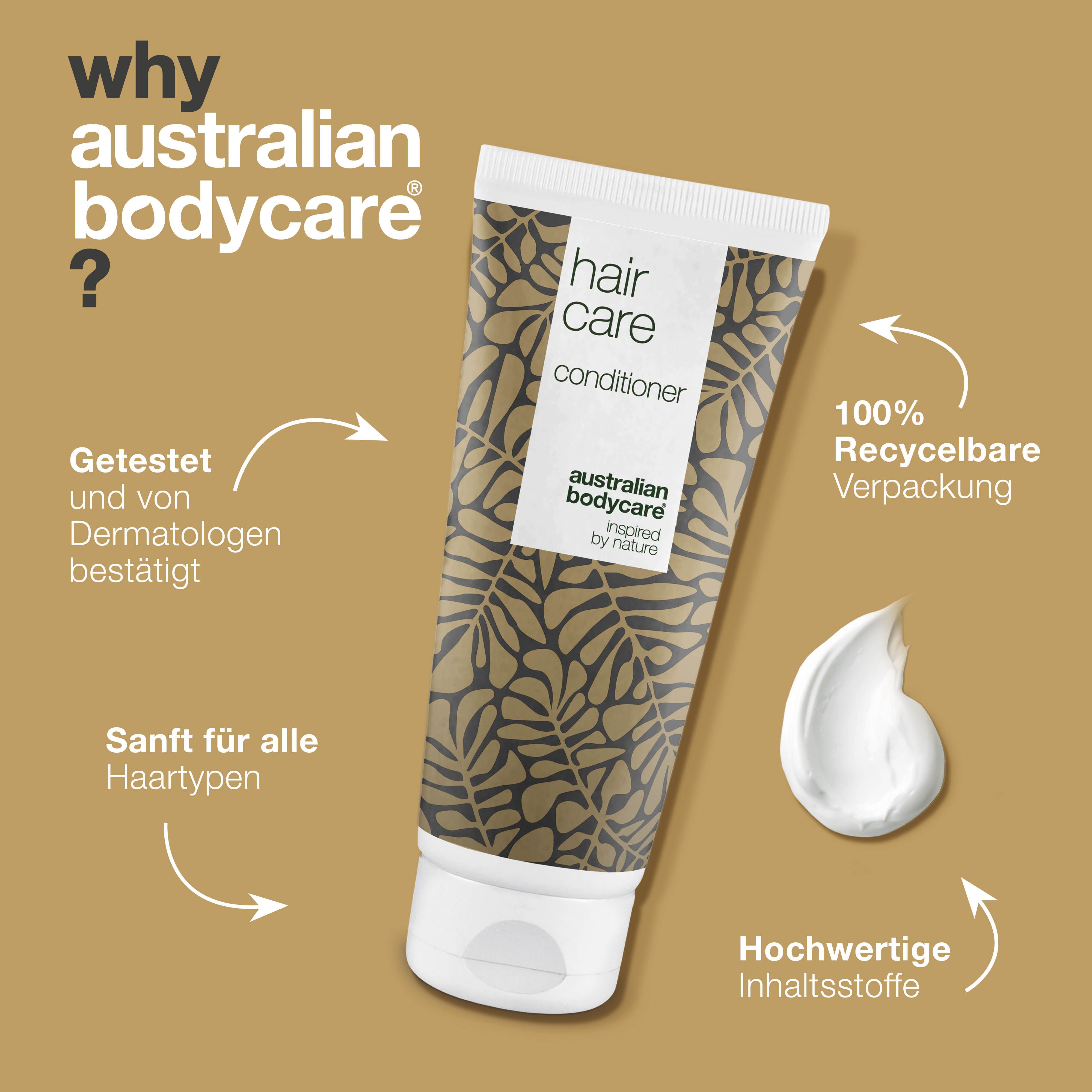 Tube mit Aufschrift: hair care conditioner. Text: Warum Australian Bodycare? Getestet von Dermatologen.