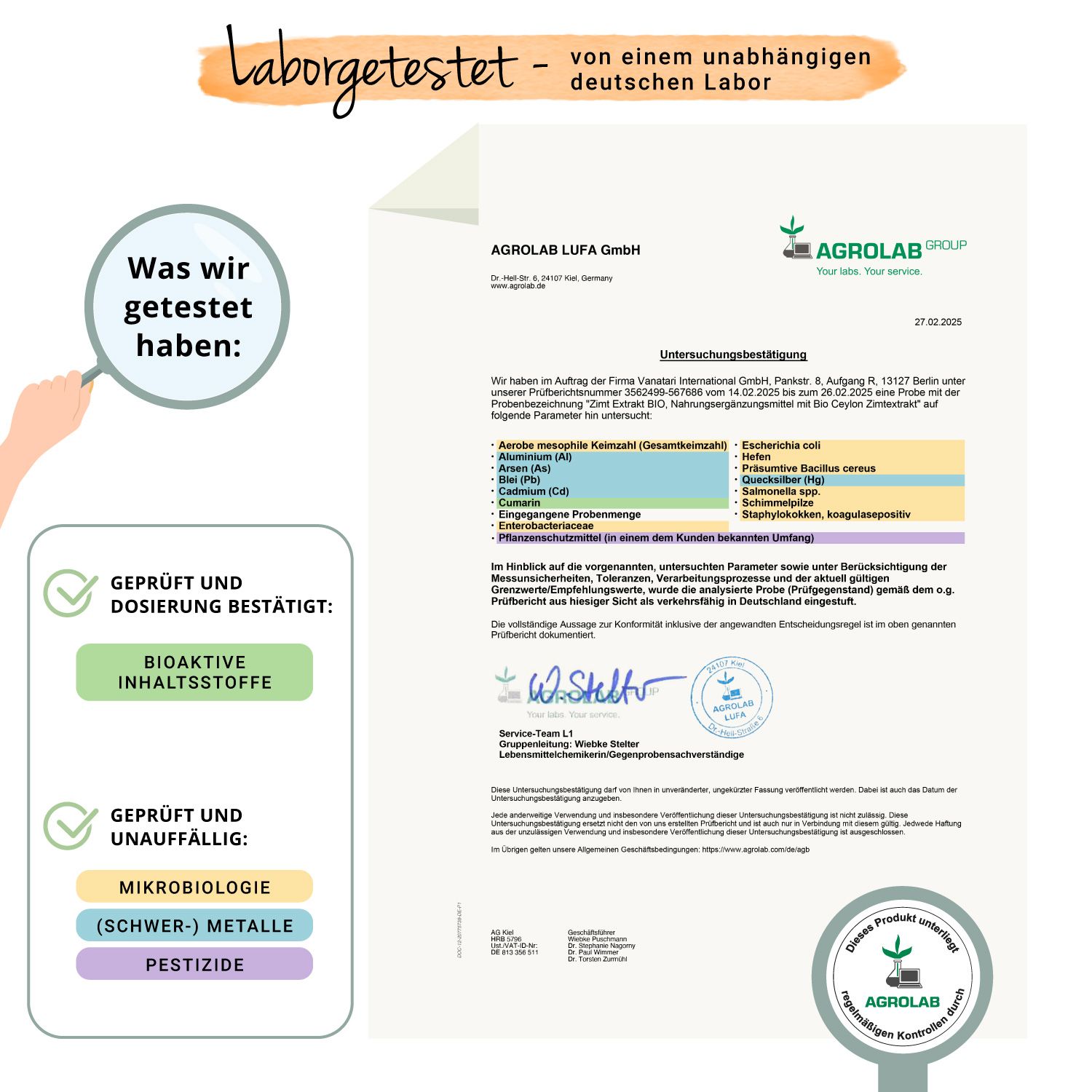 Zertifikat von Agrolab. Bestätigung der Analyse von Ceylon Zimt Extrakt. Geprüft auf Inhaltsstoffe, Mikrobiologie, Schwermetalle und Pestizide.