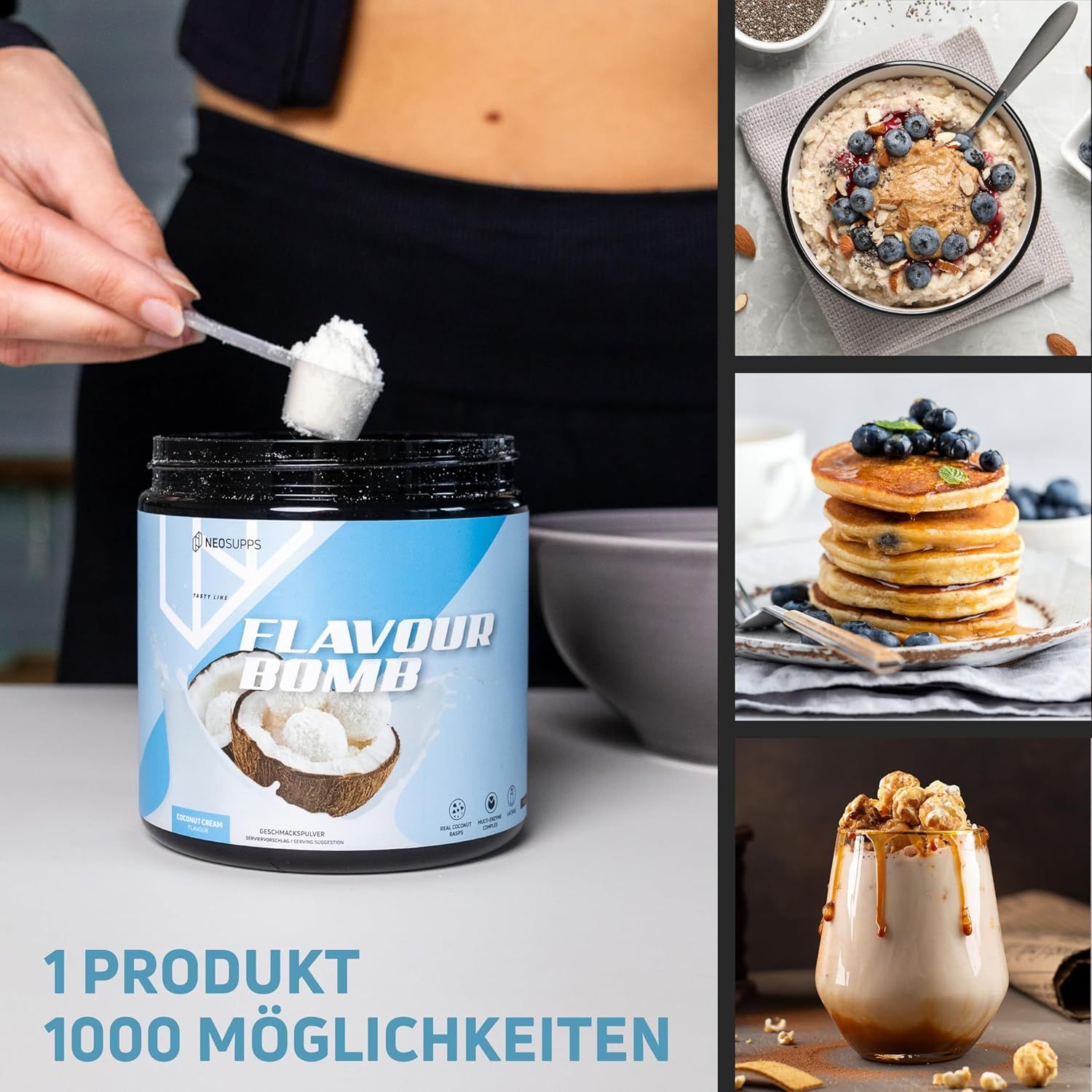 Person gießt Pulver in Dose. Dose mit Text: FLAVOUR BOMB. Mehrere Gerichte mit dem Produkt.