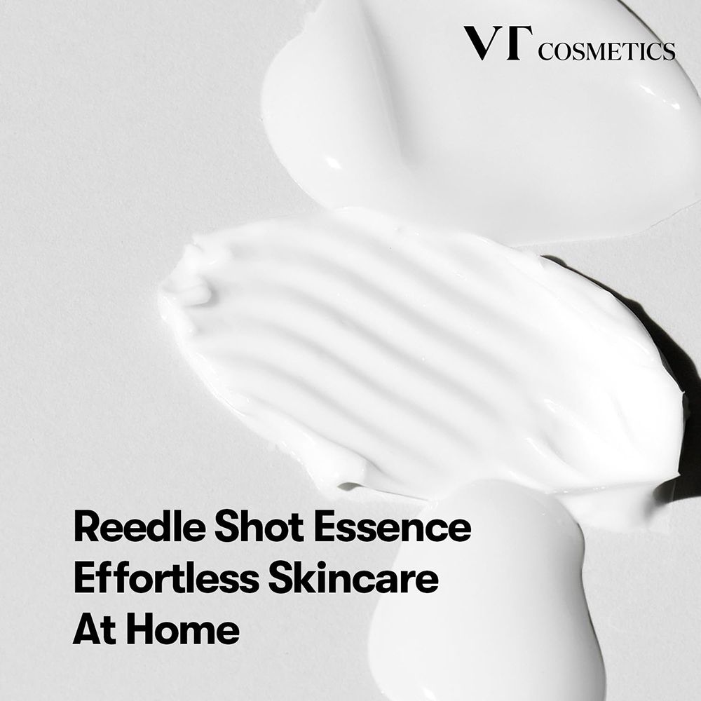 Weiße Flüssigkeit mit Text: Reedle Shot Essence, Effortless Skincare At Home. VT COSMETICS Logo.