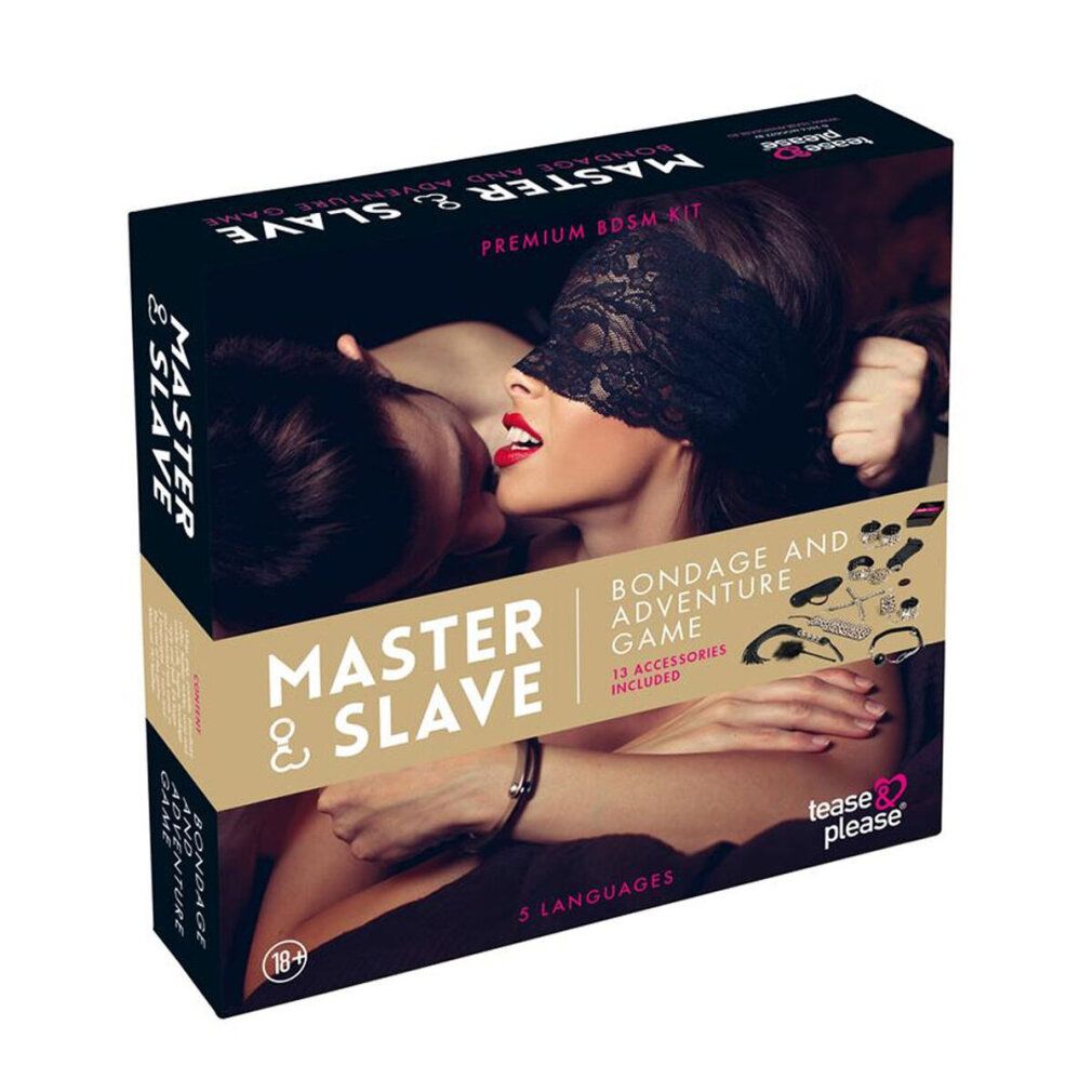 Verpackung für ein BDSM-Spiel. Enthält 13 Zubehörteile. Aufschrift: MASTER & SLAVE. Marke: Tease & Please. Ab 18 Jahren. Mehrsprachig.