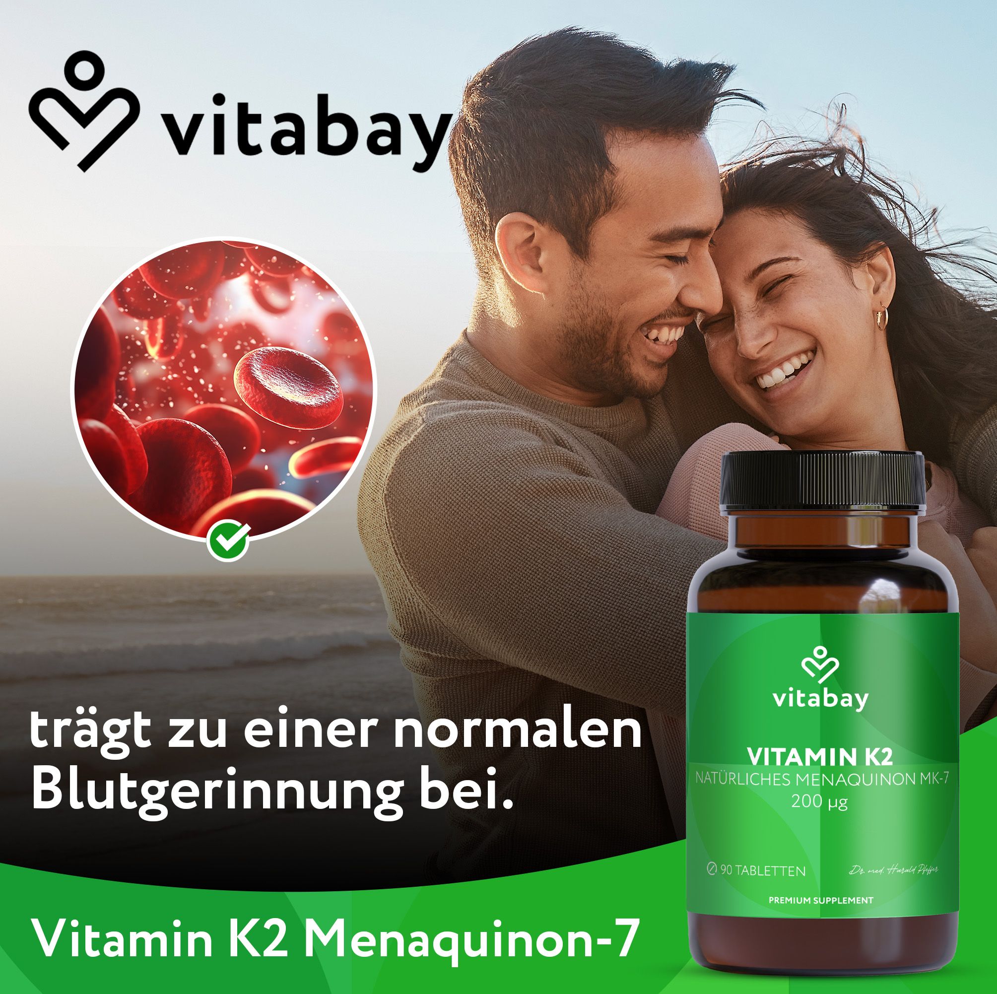 Vitabay Vitamin K2 Flasche, 90 Tabletten, 200 µg pro Einnahme. Täglich eine Tablette.
