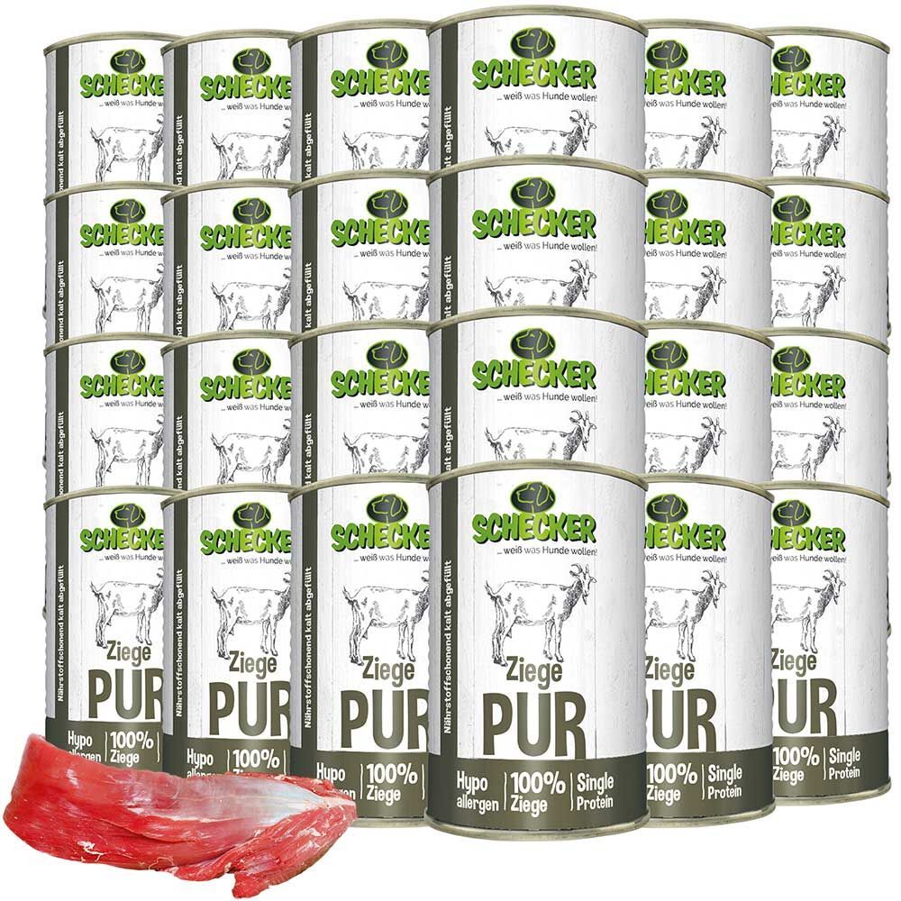 Dosen Hundefutter, gestapelt. Aufschrift: Ziege PUR, 100% Ziege, hypoallergen. Daneben ein Stück Fleisch.