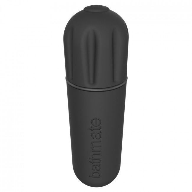 Schwarze Vibrationskugel mit geripptem Kopf und gerilltem Schaft. Marke 'bathmate' vertikal aufgedruckt.