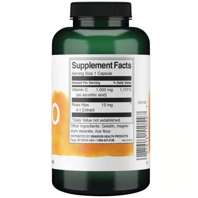 Rückseite einer grünen Flasche. Weißes Etikett mit Nährwertangaben. Enthält Vitamin C und Hagebuttenextrakt.