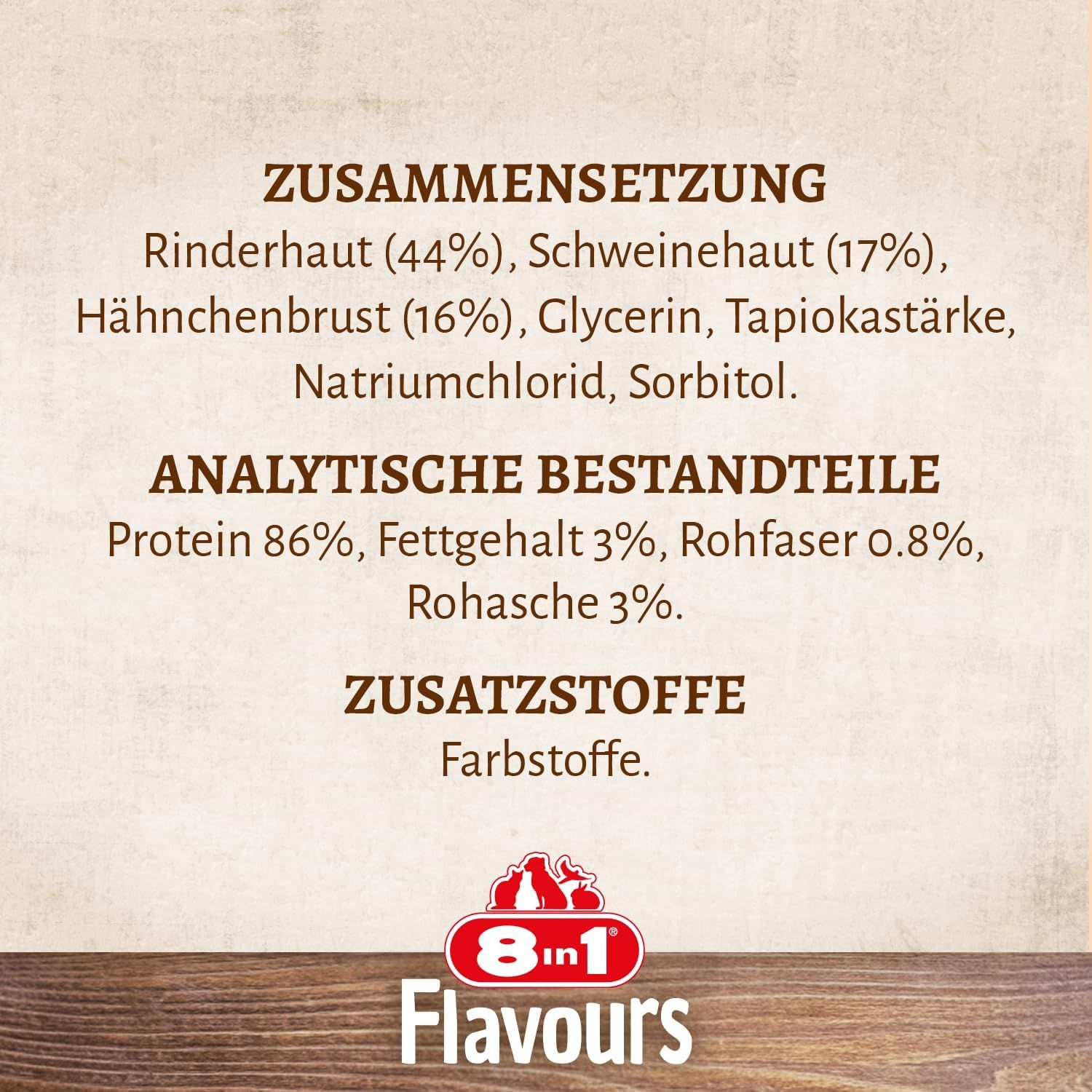 Zusammensetzung und analytische Bestandteile des Produkts. Text: Rinderhaut, Schweinehaut, Hähnchenbrust, etc. 8in1 Flavours Logo.