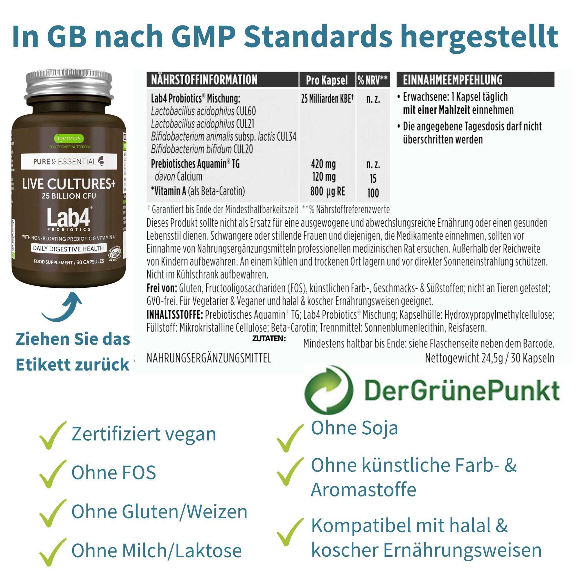 Igennus Probiotika Kapseln: 30 Kapseln, hergestellt nach GMP-Standards, vegan.