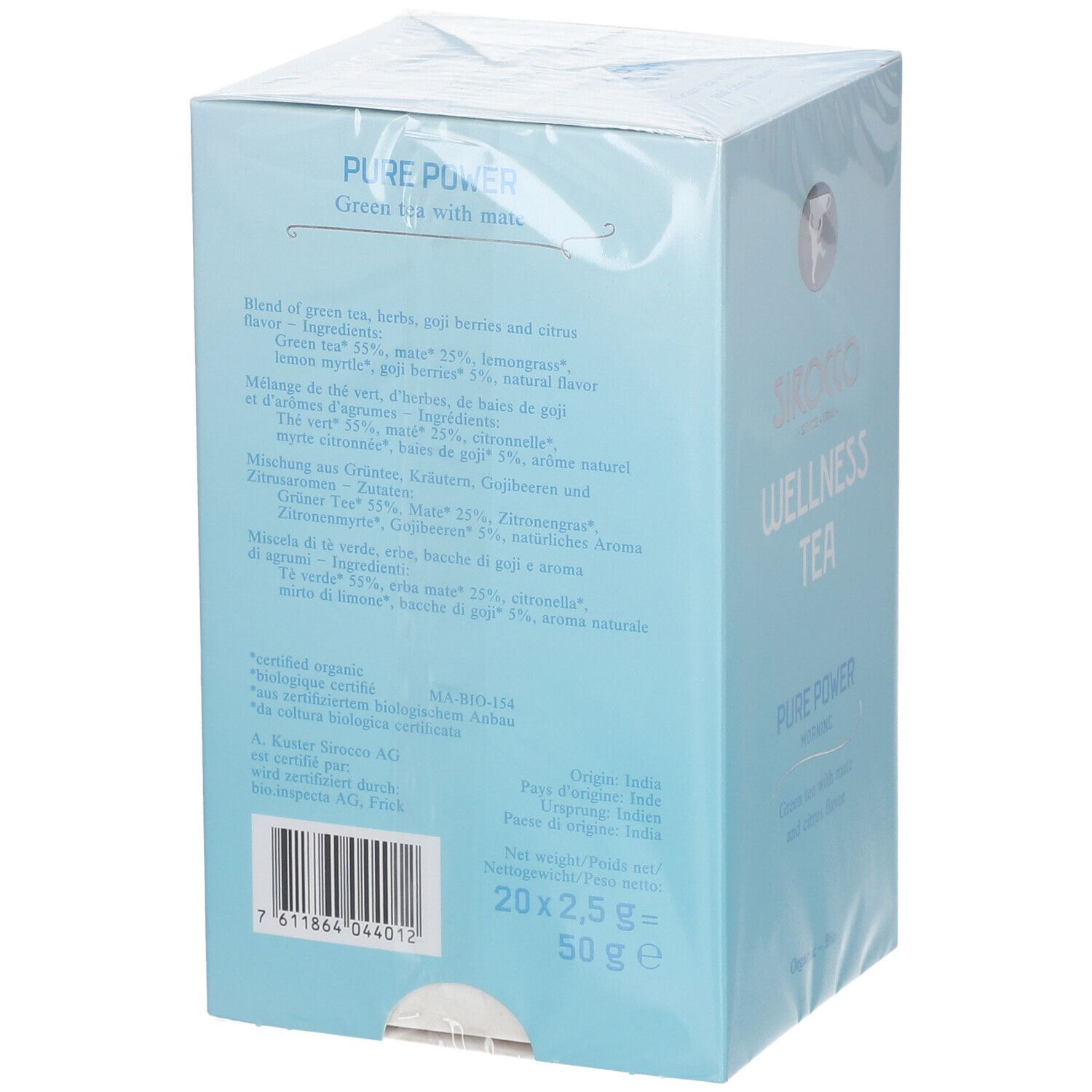 Rückseite der verpackten, hellblauen Schachtel. Text: Zutaten, Nährwerte, Zertifizierungen, Herstellerinformationen. 20x2,5g = 50g.