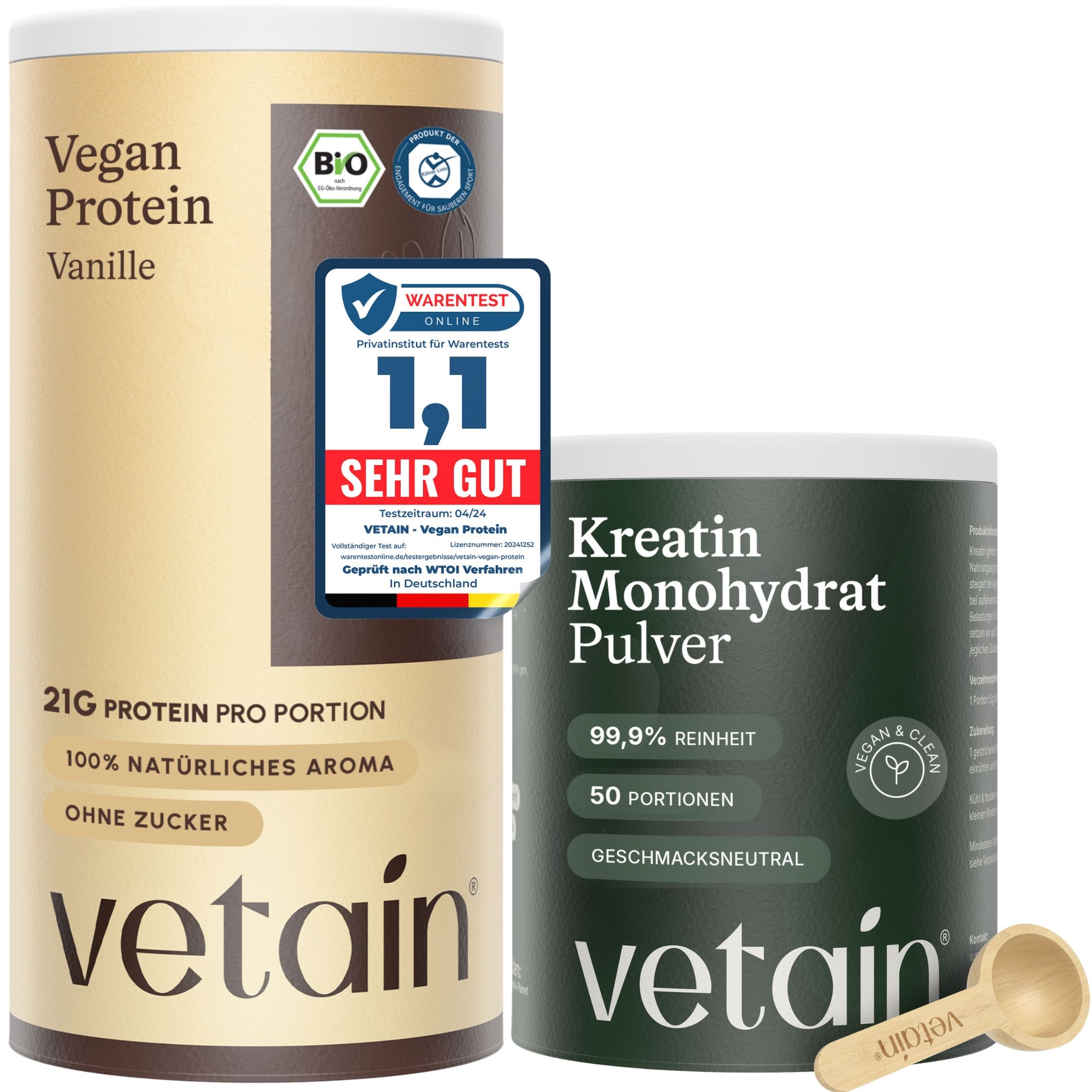 VETAIN Proteinpulver Vegan + Kreatin Monohydrat – 21g Protein - fermentiert & ohne Zusätze