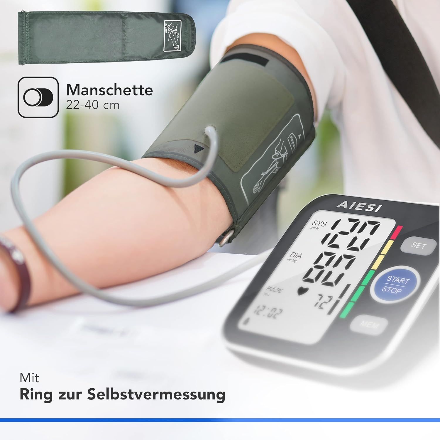 Aiesi Digitaler Oberarm-Blutdruckmesser mit LCD-Anzeige, zeigt systolischen und diastolischen Blutdruck sowie Puls an.