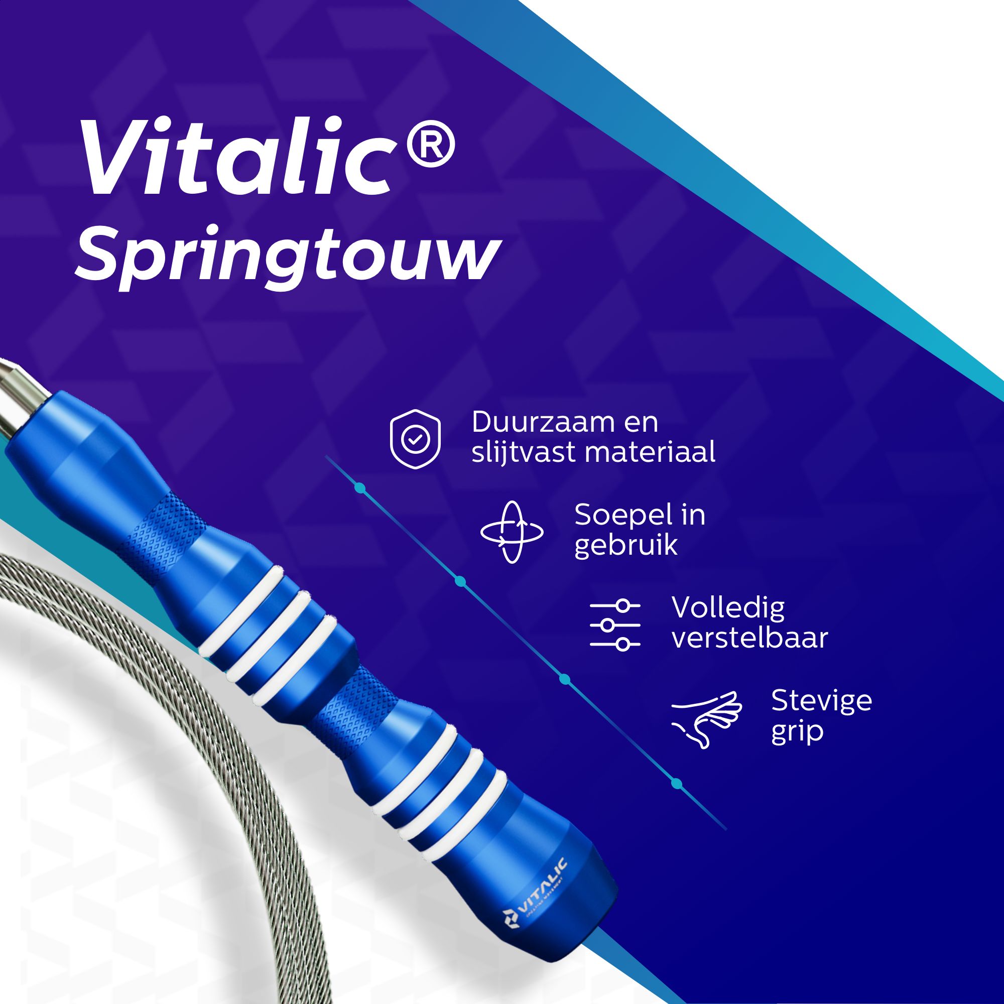 Blaues Springseil. VITALIC-Logo. Text: VITALIC Springtouw. Merkmale: Langlebiges Material, geschmeidig im Gebrauch, verstellbar, fester Griff.