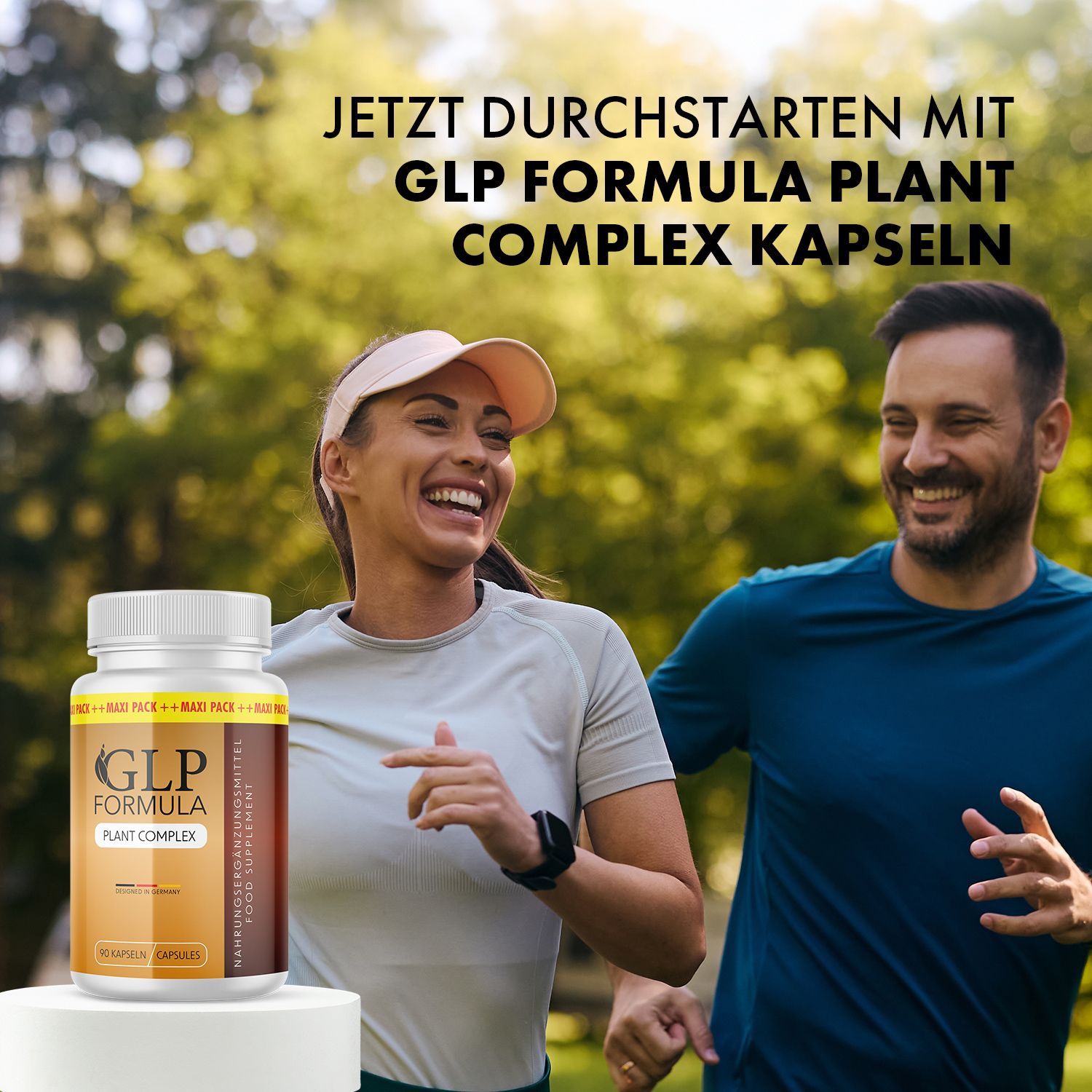 Paar joggt im Park. GLP Formula Plant Complex Kapseln Flasche auf Sockel. Text: Jetzt durchstarten mit GLP Formula Plant Complex Kapseln.