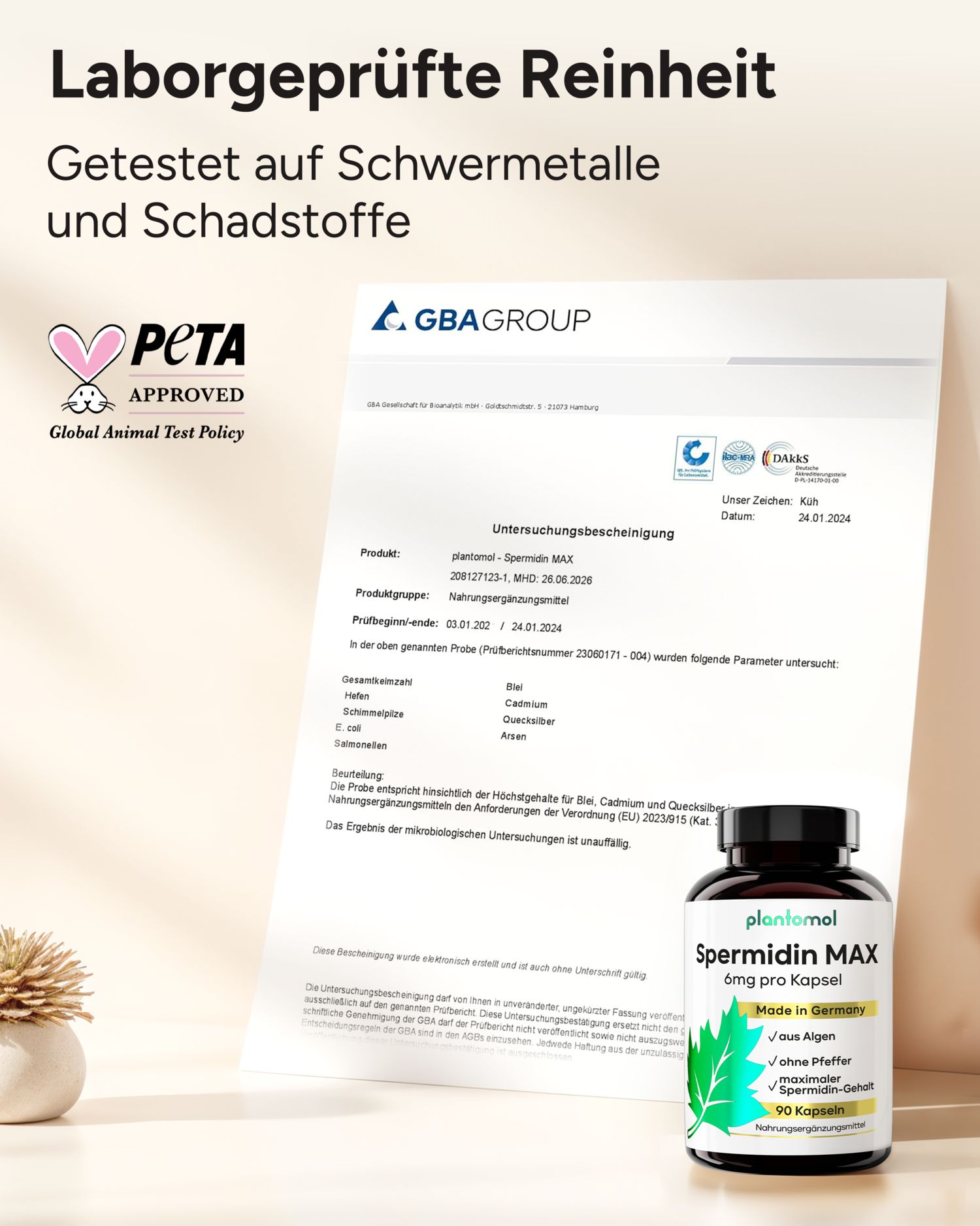 PETA-Zertifikat und Analysebericht. Flasche mit Spermidin MAX Kapseln. Text: Laborgeprüfte Reinheit, getestet auf Schwermetalle und Schadstoffe.
