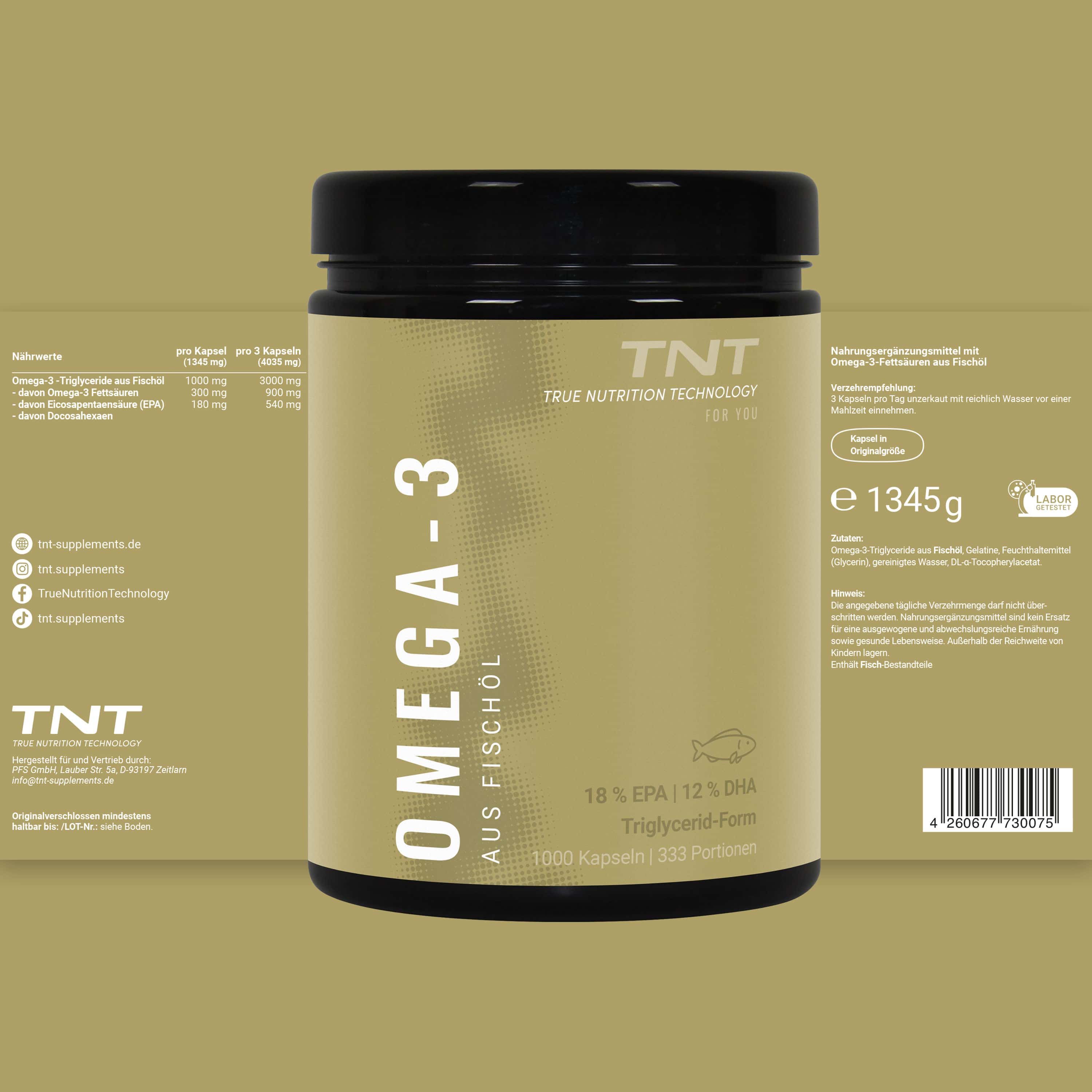 TNT Omega-3 Fischöl-Dose mit Etikett. Zusätzliche Informationen auf dem Etikett. Schwarzer Deckel.