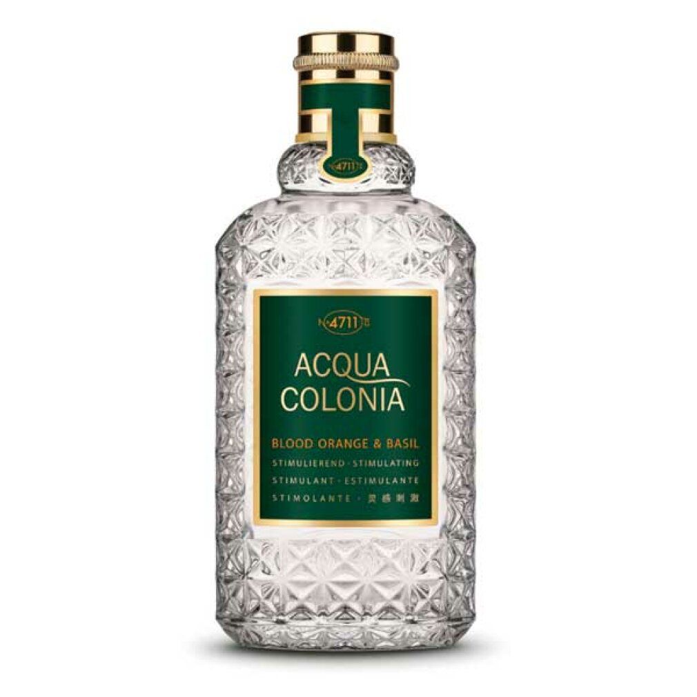 Glasflasche mit grünem Etikett. Aufschrift: Acqua Colonia Blood Orange & Basil. Goldfarbener Verschluss.