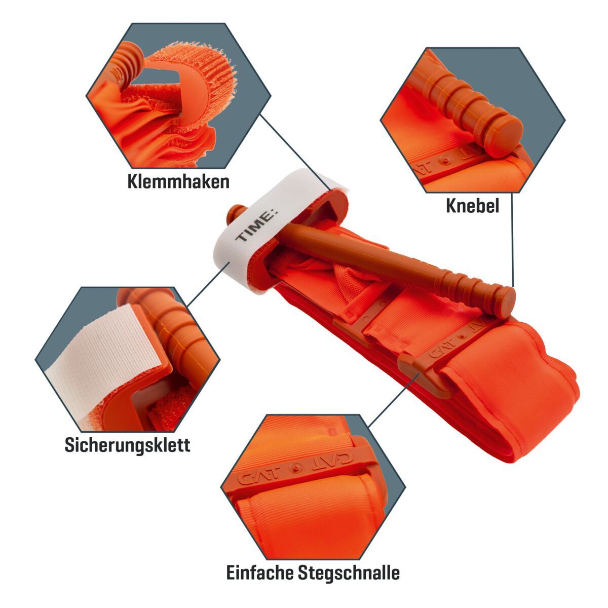 Orange CAT Tourniquet mit Detailansichten: Klemmen, Knebel, Klettverschluss, Schnalle.