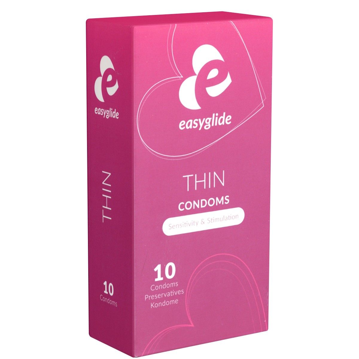 Rosa Schachtel mit "easyglide" Logo und Text. Enthält 10 Kondome. Aufschrift: "THIN CONDOMS".