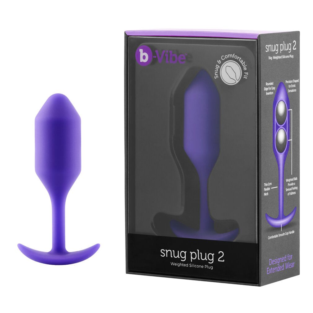 Lila Analplug neben Verpackung. Verpackung mit Produktabbildung und Produktname 'snug plug 2'.