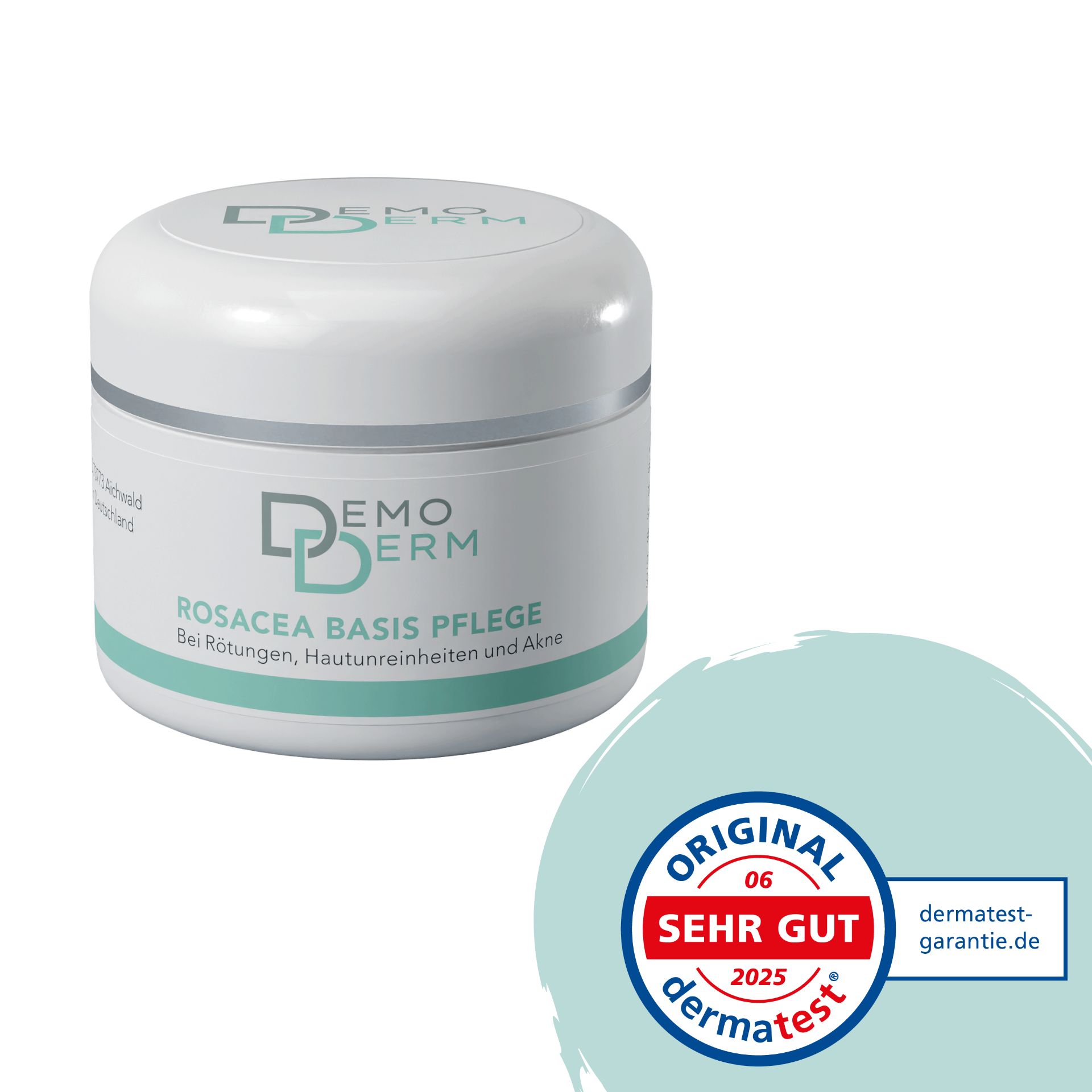 Creme-Tiegel mit Siegel. Text: DemoDerm, Rosacea Basis Pflege. Siegel: ORIGINAL, SEHR GUT, dermatest 2025.