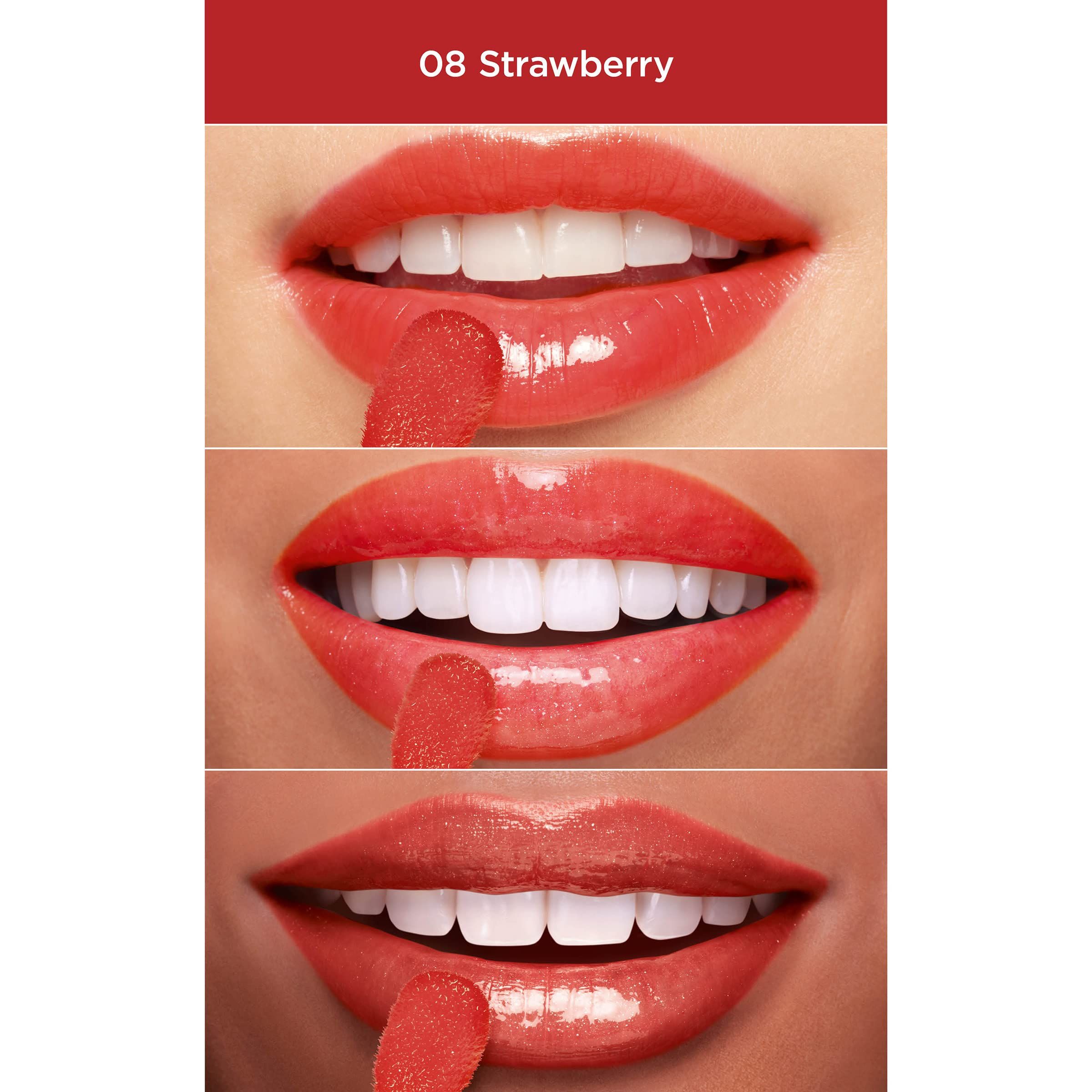 Drei Lippen, die mit rotem Lippenöl bestrichen werden. Text: 08 Strawberry.