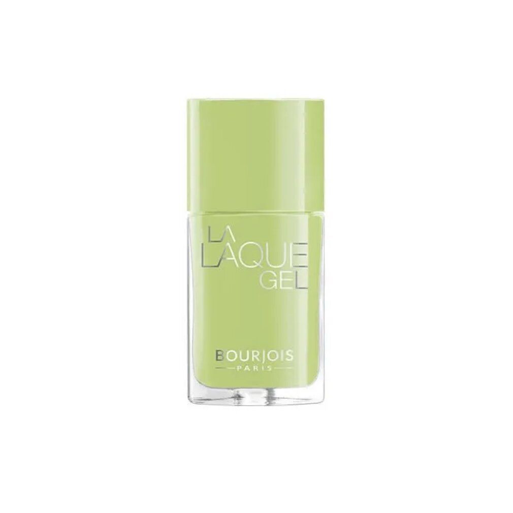 Hellgrüner Nagellack in einer quadratischen Glasflasche. Aufschrift: La Laque Gel. Marke Bourjois Paris. Deckel in gleicher Farbe.