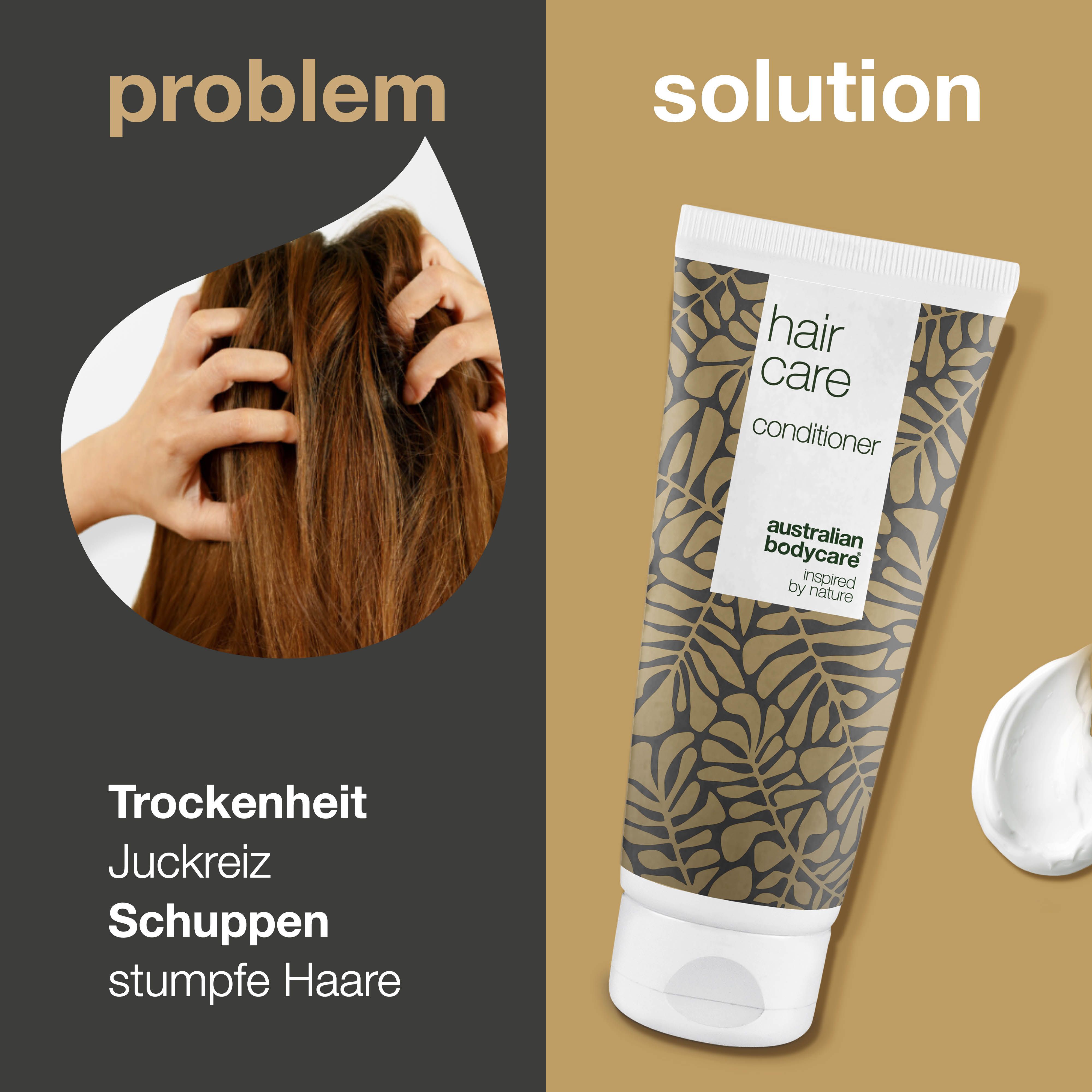 Vergleich: Problem und Lösung. Frau mit trockenem Haar. Tube mit Aufschrift: hair care conditioner.