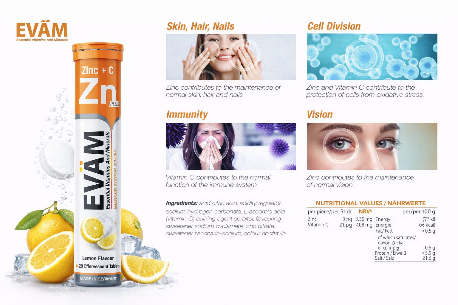 Tuben EVÄM Vitamin C + Zink. Orangefarbener Deckel, weißer Körper. Informationen zu Inhaltsstoffen und Nährwerten. Zitronen-Abbildung.