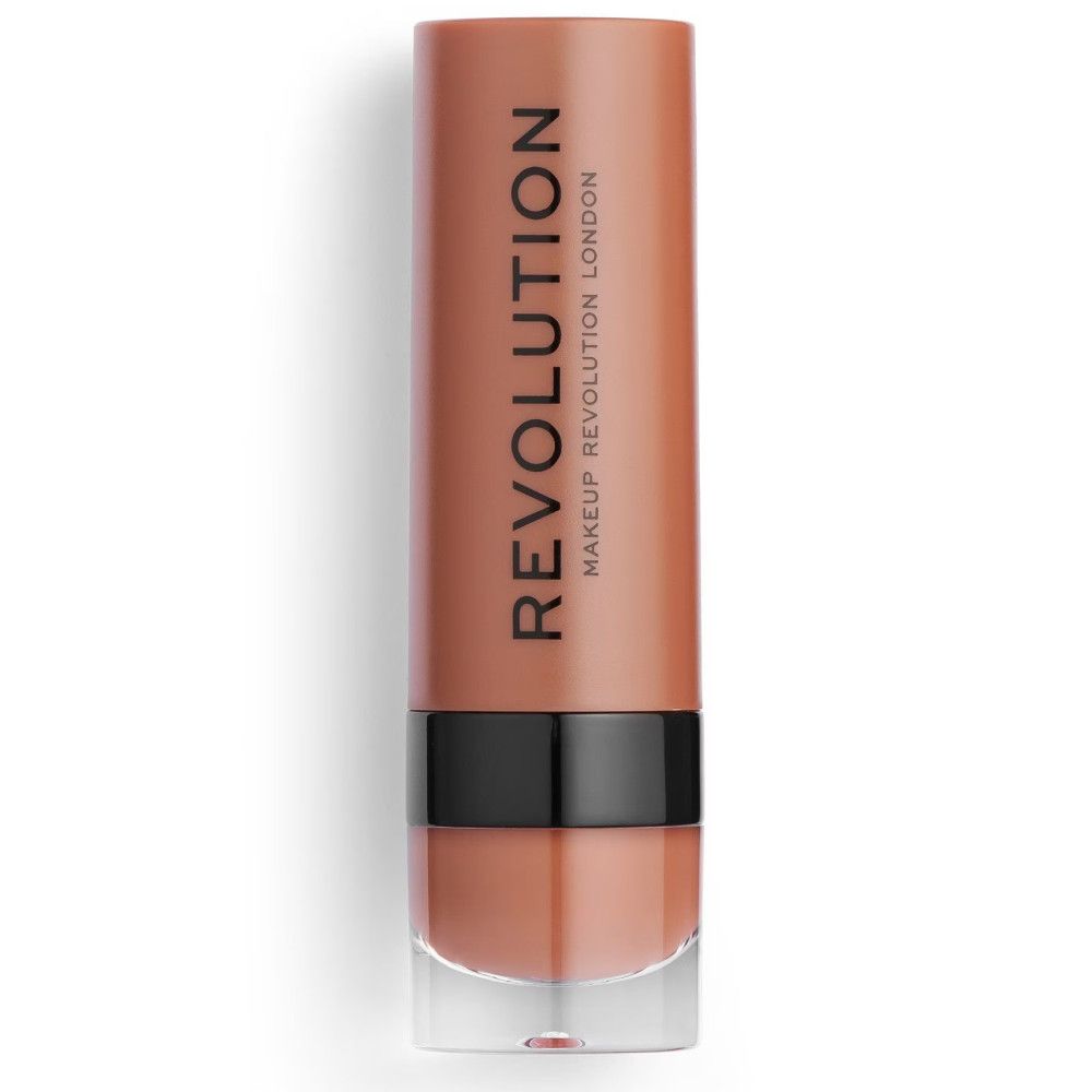 Lippenstift in einem zylindrischen Behälter. Der Behälter ist braun mit schwarzem Band und transparentem Boden. Aufschrift: REVOLUTION MAKEUP REVOLUTION LONDON.