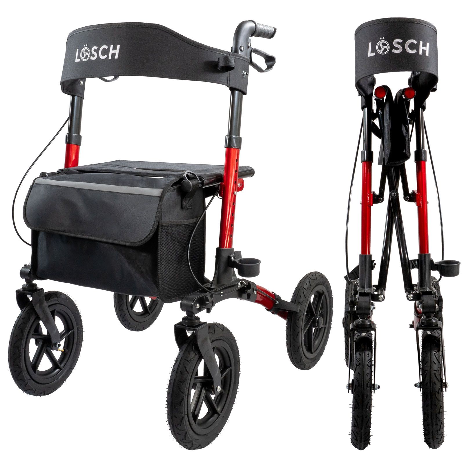 Rollator mit rotem Rahmen, schwarzem Sitz und Tasche. Vier Räder, zusammengeklappt.