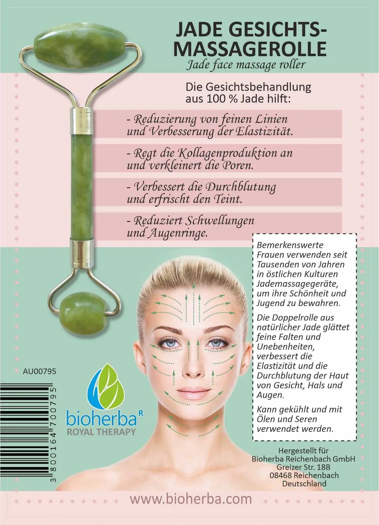 Produktverpackung mit Jade-Gesichtsmassagerolle. Text: Jade Gesichtsmassagerolle, Bioherba Royal Therapy, Vorteile, Anwendung.