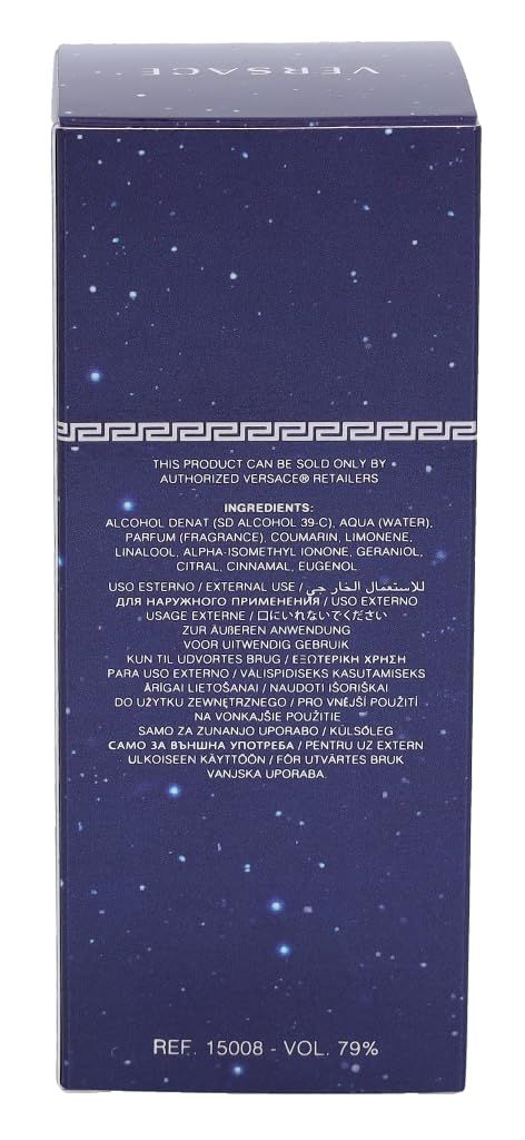 Rückseite der Verpackung. Auf dunkelblauem Hintergrund sind Inhaltsstoffe und Informationen aufgeführt. Ref. 15008 - Vol. 79%.