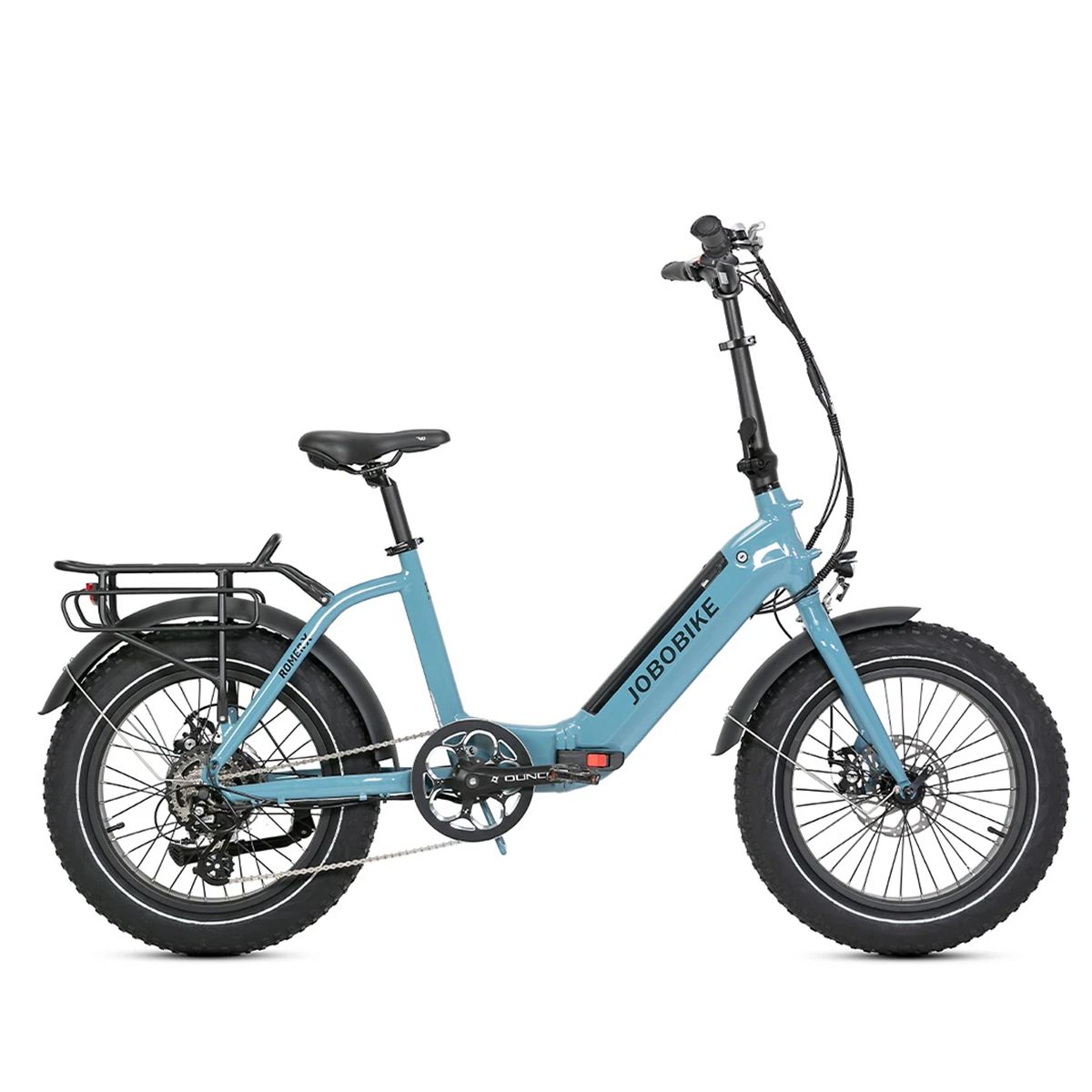 Blaues, zusammengeklapptes JOBOBIKE Romer X E-Bike. Schwarze Reifen, Gepäckträger, Sattel. JOBOBIKE-Logo am Rahmen.
