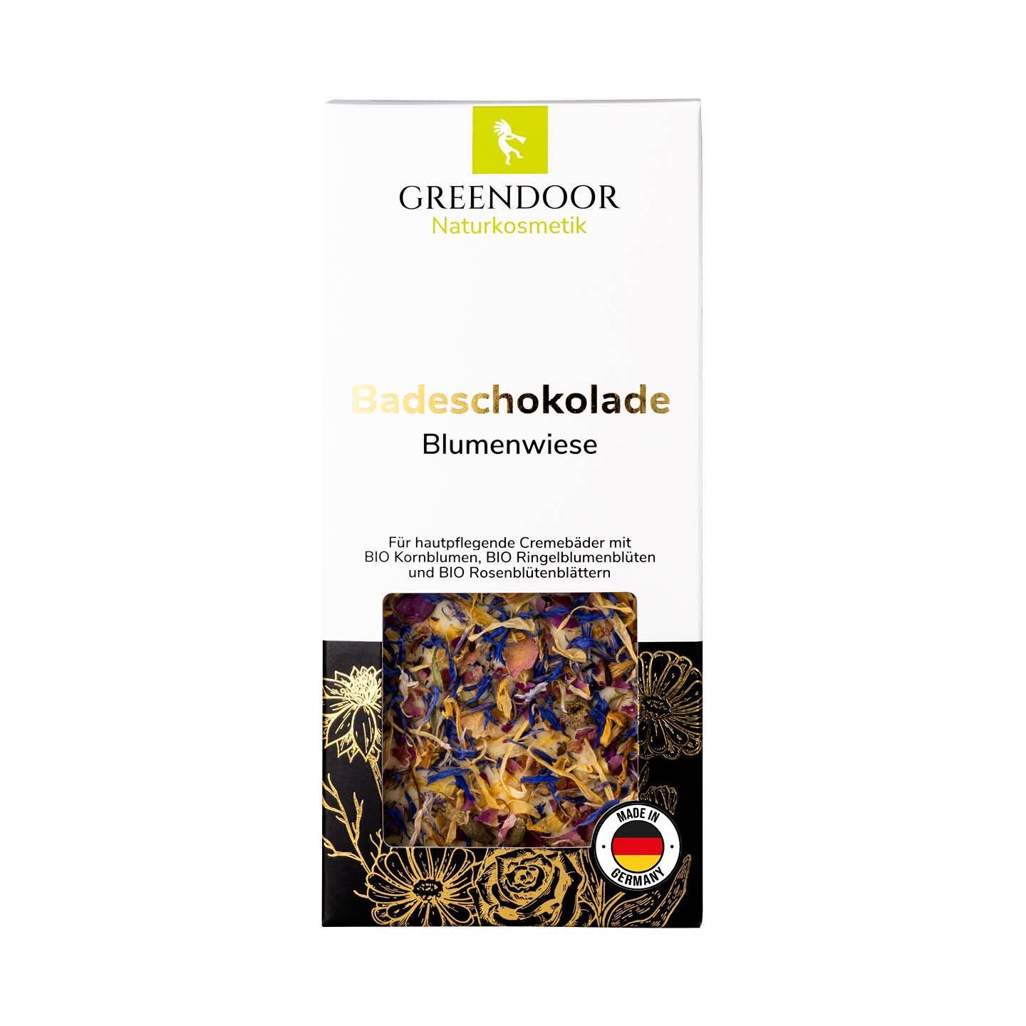 GREENDOOR Badeschokolade Blumenwiese: Badezusatz mit Blütenblättern. Hergestellt in Deutschland.