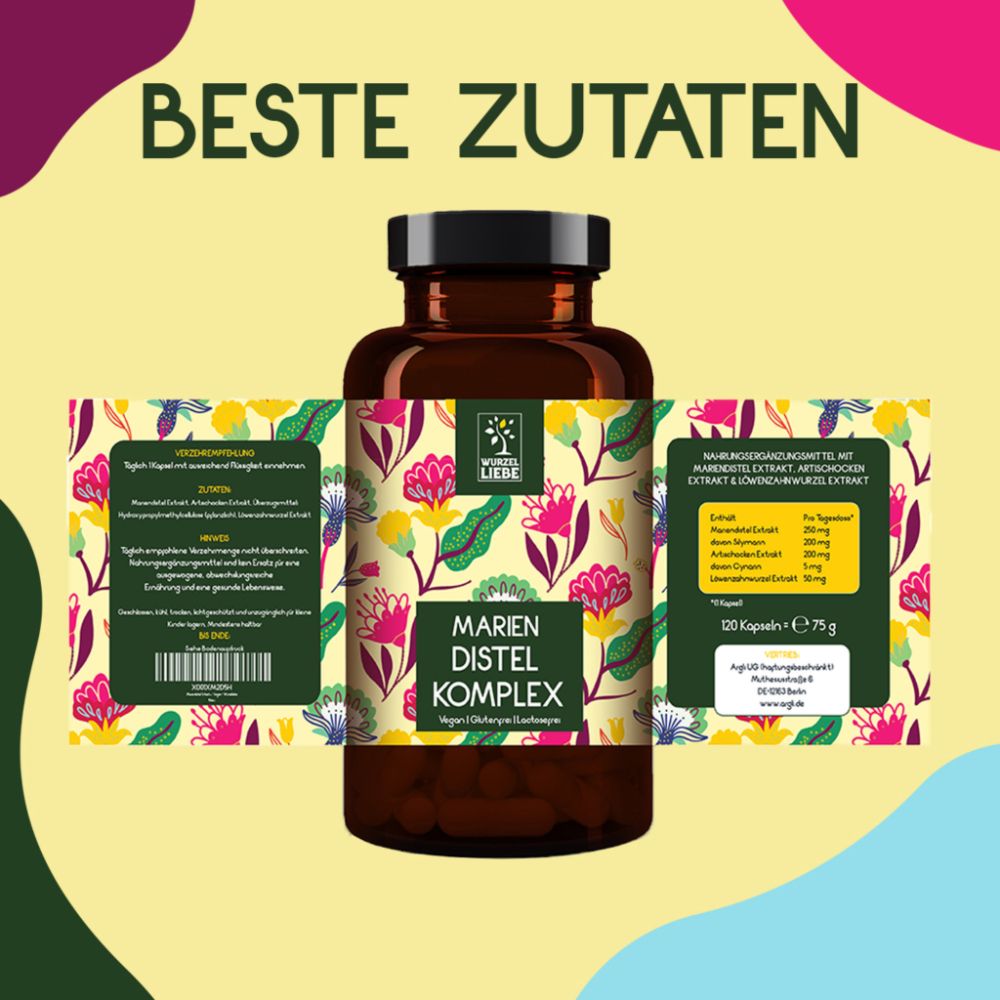 Flasche mit floralem Etikett. Text: Mariendistel Komplex, Vegan, Glutenfrei, Ohne unnötige Zutaten, Ohne Gentechnik. Logo: Wurzel Liebe.