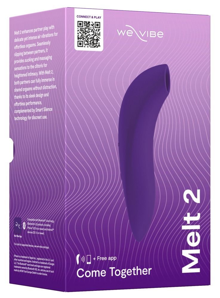 Verpackung mit lila Gerät. Text: Melt 2, We-Vibe, Come Together. QR-Code und Illustrationen.
