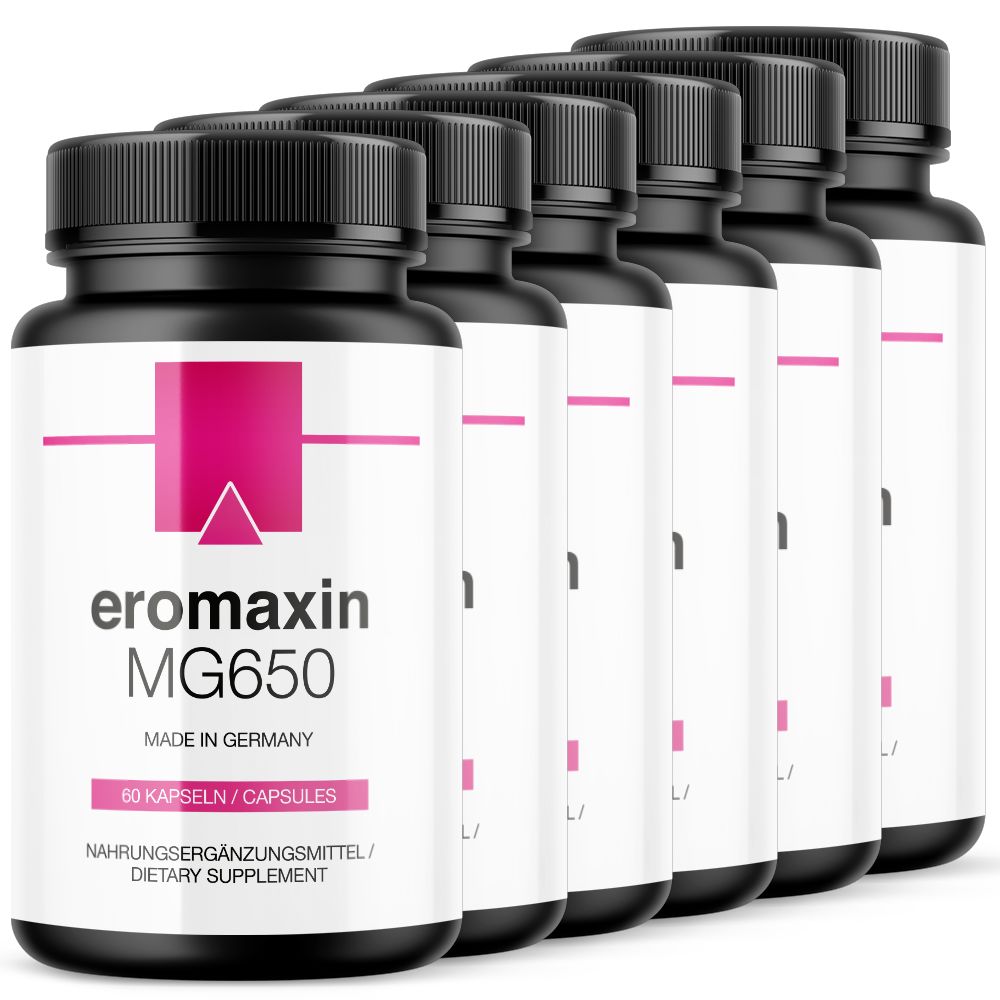 Mehrere Flaschen mit schwarzem Deckel. Aufschrift: eromaxin MG650, 60 Kapseln, Made in Germany. Nahrungsergänzungsmittel.