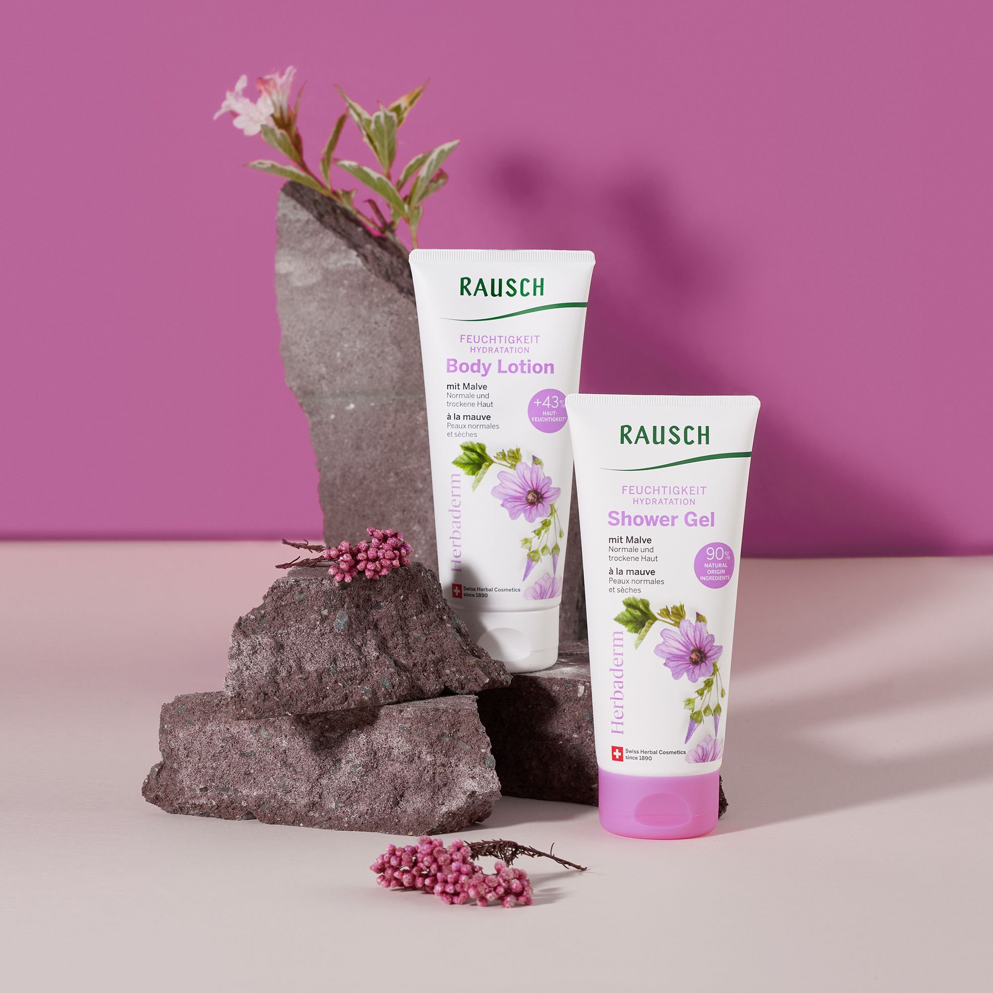 Zwei Tuben auf Steinen, mit Malvenblüten dekoriert. Produkte mit Text und Logo. Hintergrund in Lila.