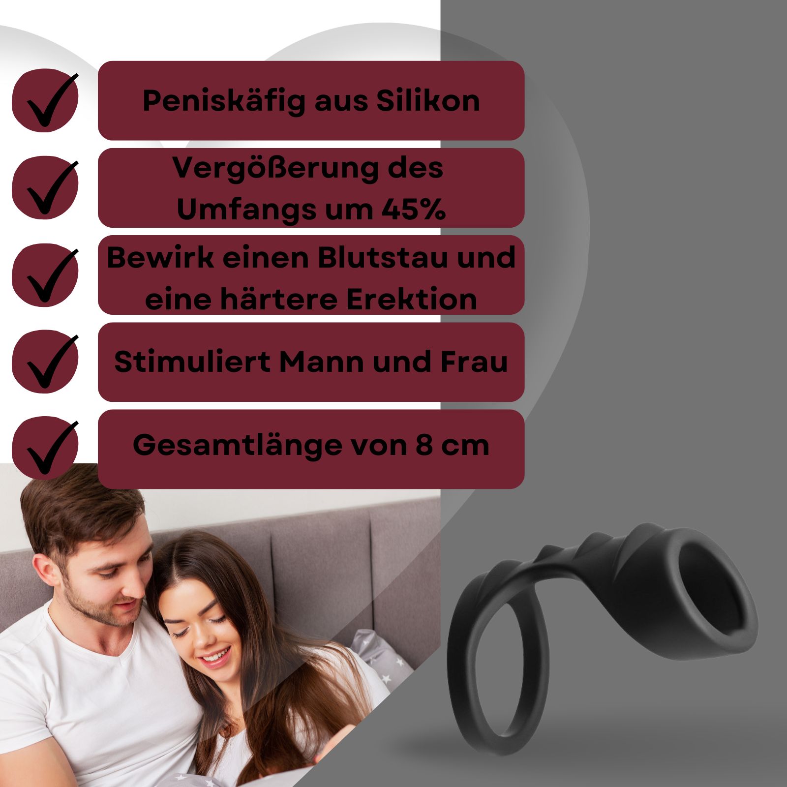 Schwarzer Penisring aus Silikon mit Rippen. Gesamtlänge 8 cm. Text: Vergrößerung, härtere Erektion, Stimulation.