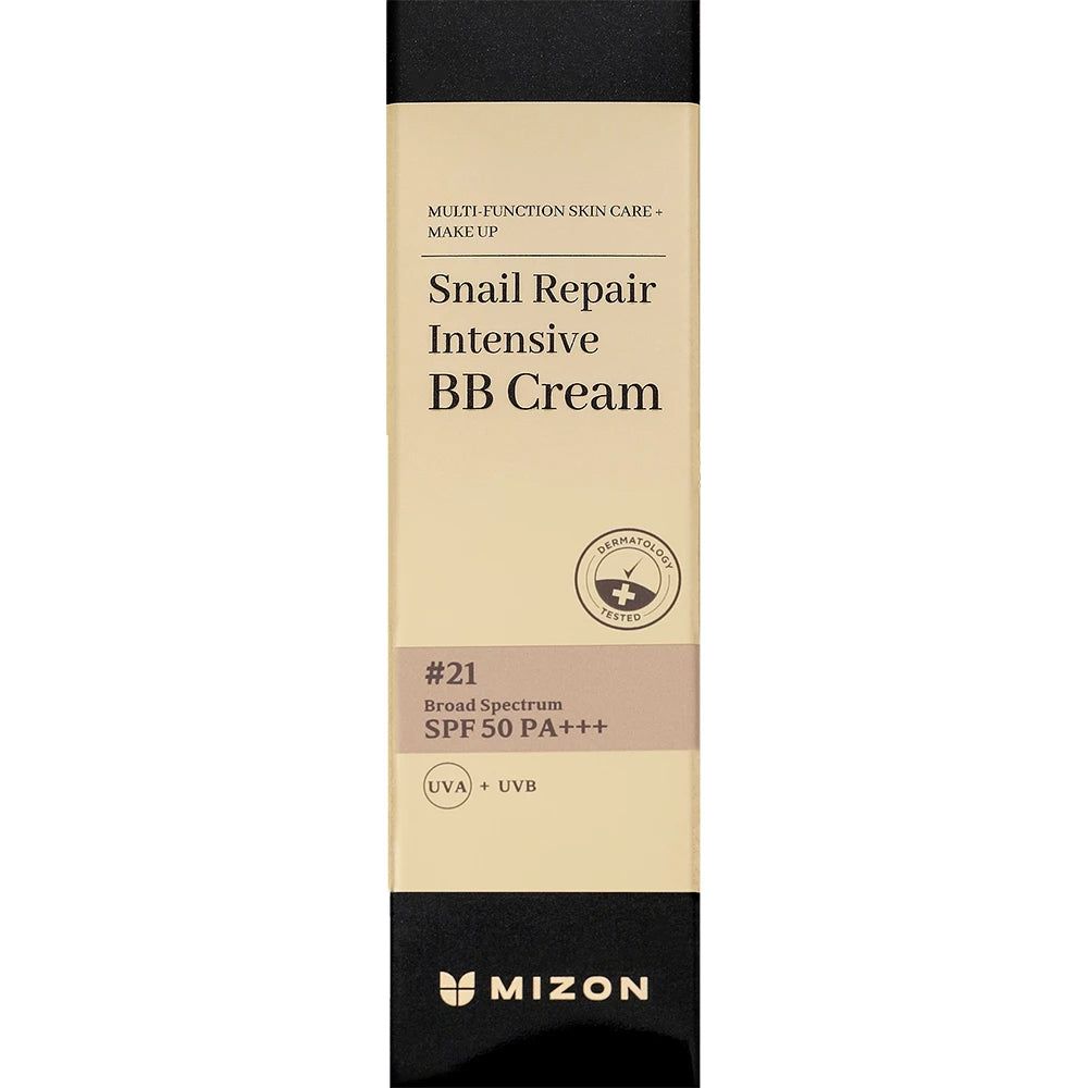 Verpackung von MIZON Snail Repair Intensive BB Cream. Text: #21, SPF 50 PA+++, dermatologisch getestet.