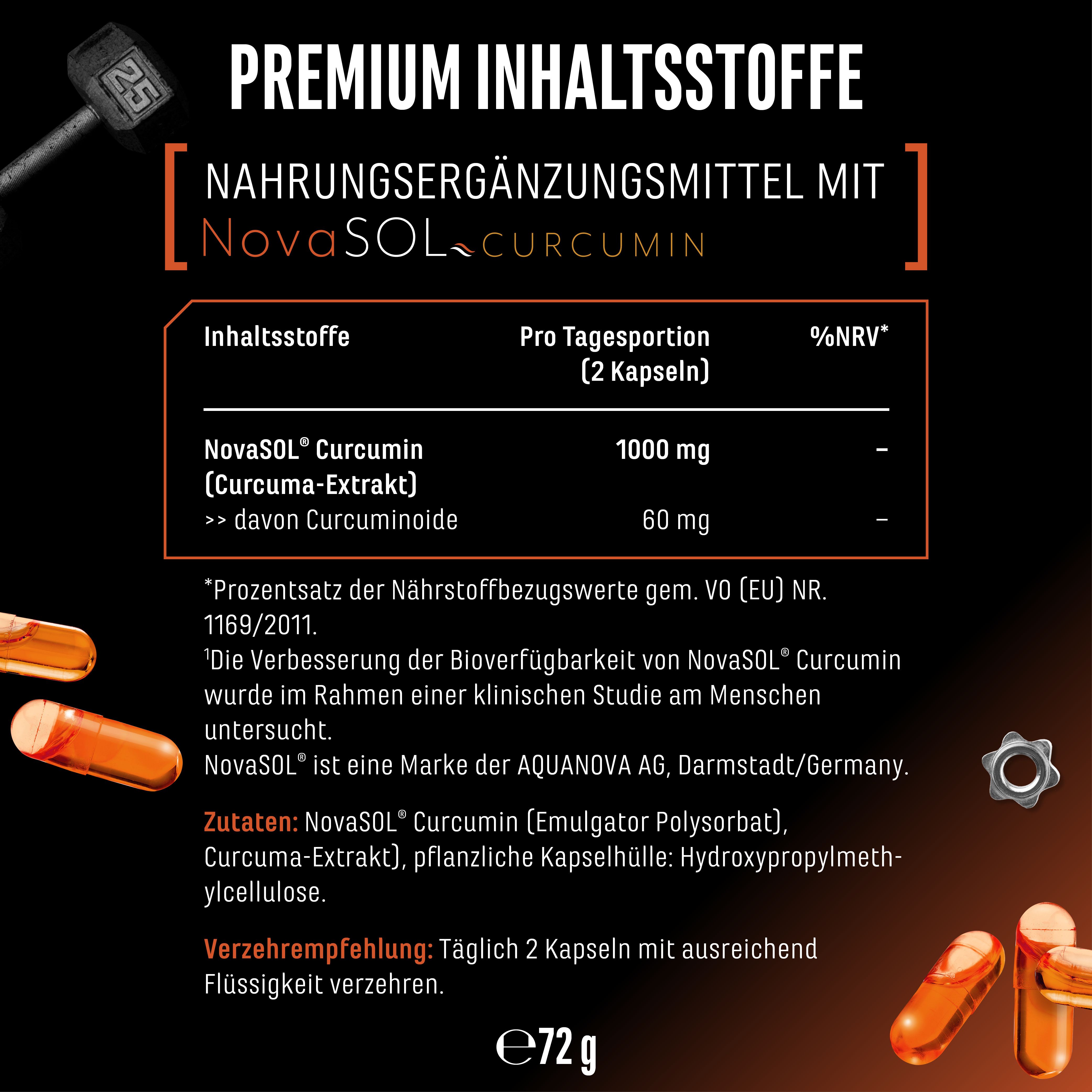 Nahrungsergänzungsmittel mit NovaSOL® Curcumin. Enthält Informationen zu Inhaltsstoffen, Dosierung und Nährwertangaben. Kapseln abgebildet.