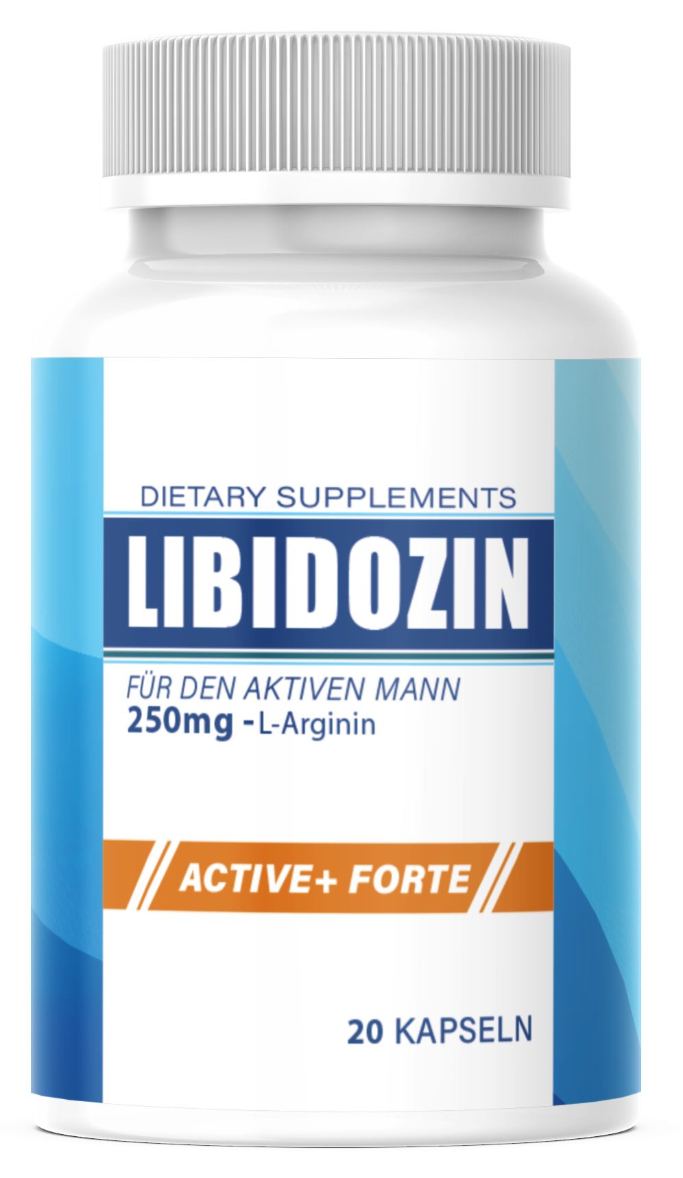 Weiße Flasche mit Kapseln. Aufschrift: LIBIDOZIN, 250mg L-Arginin, ACTIVE+ FORTE, 20 Kapseln. Blaue und weiße Akzente.