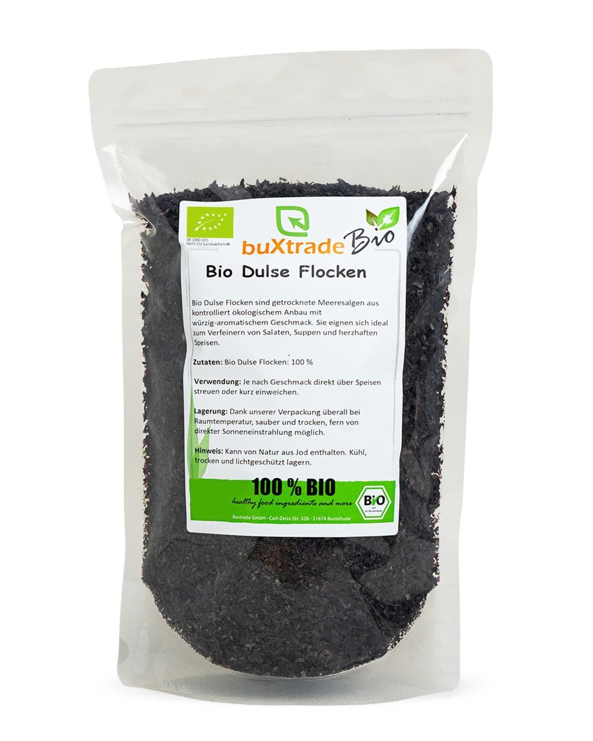 Bio Dulse Flocken in einem transparenten Beutel mit Etikett. Enthält das Bio-Siegel und Produktinformationen.
