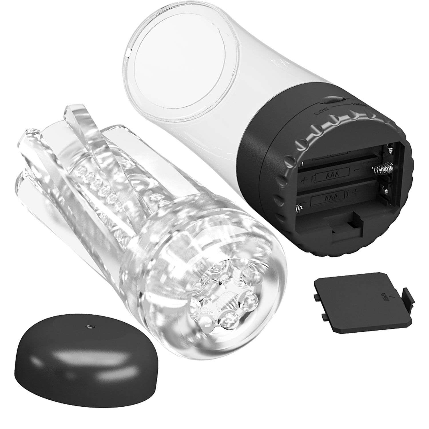 Zylindrisches Gerät mit transparentem Gehäuse, schwarzem Sockel und Deckel. Batteriefach mit 3 AAA-Batterien.