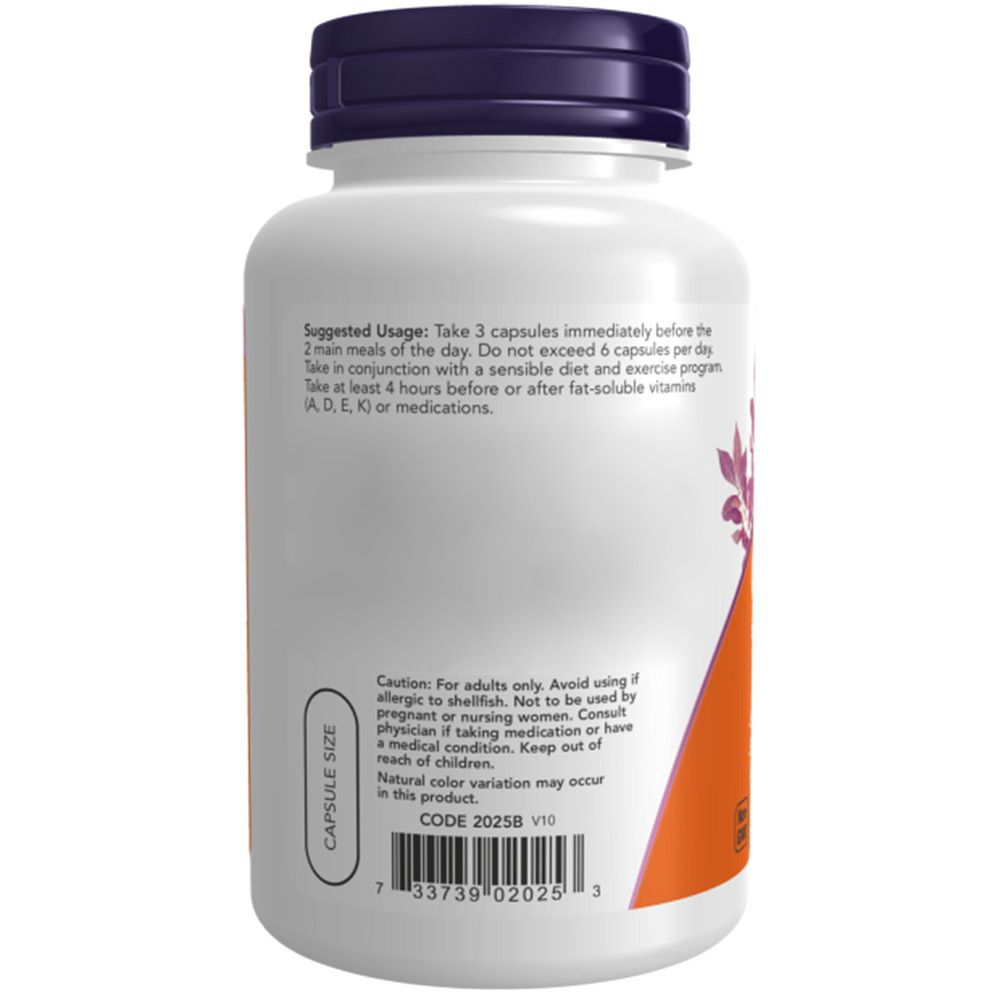 Rückseite einer weißen Flasche mit lila Deckel. Etikett mit Gebrauchsanweisung und Warnhinweisen. Code 20258. Kapselgröße.