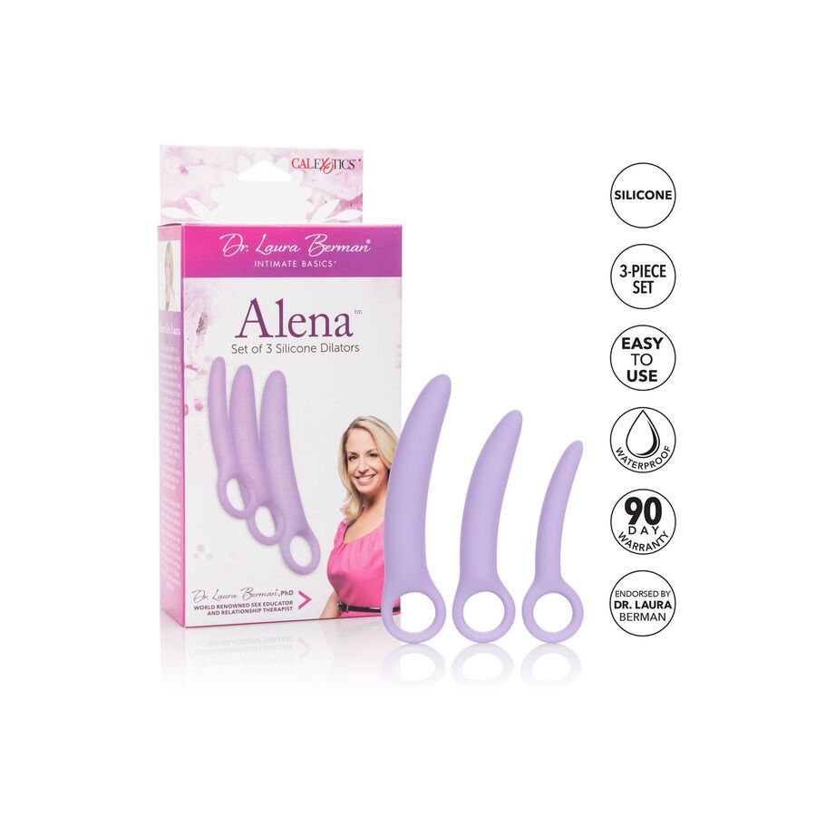 Verpackung mit fünf lilafarbenen Silikondilatatoren. Aufdruck: "Alena", "Dr. Laura Berman". Produktmerkmale: Silikon, 3-teiliges Set, wasserdicht, 90 Tage Garantie.