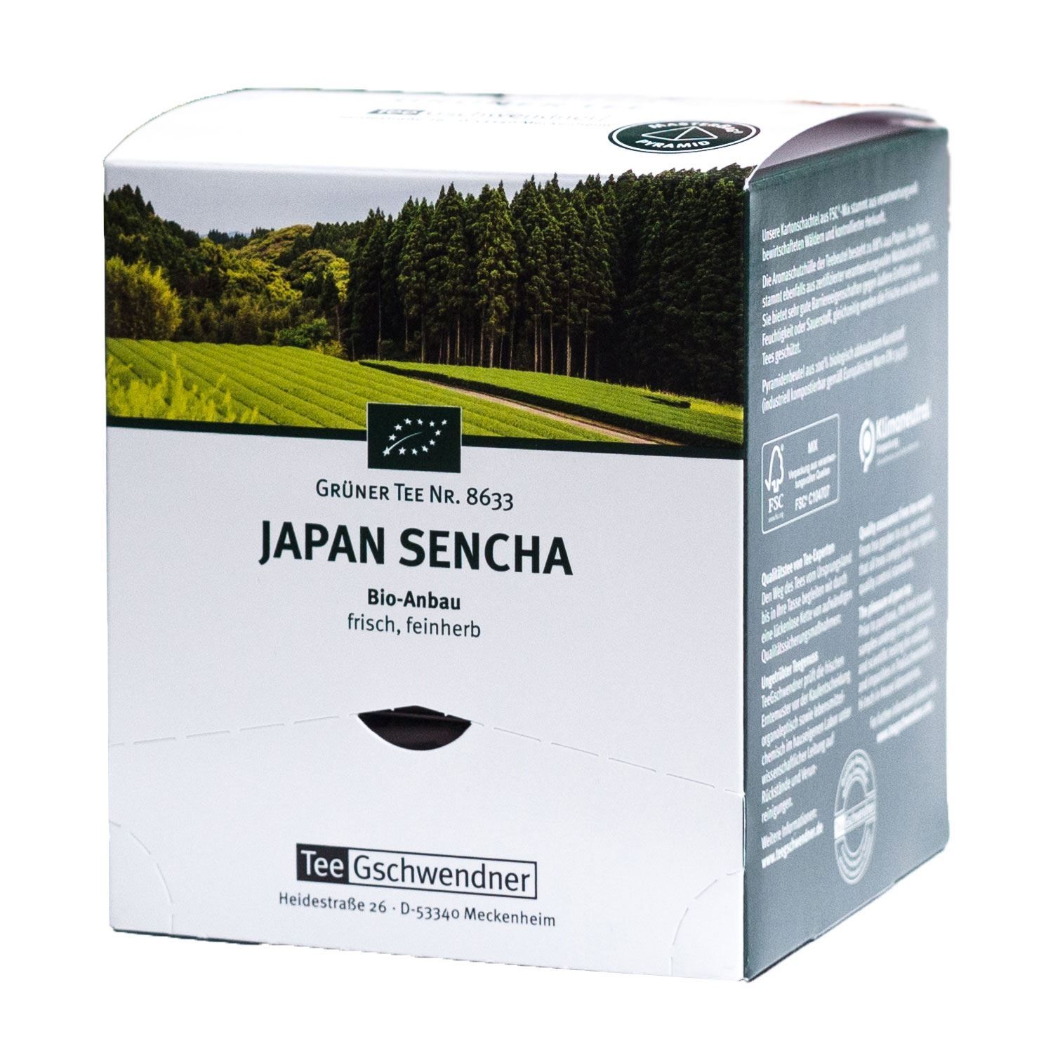 Weißer Karton mit Landschaftsbild und Text. Aufschrift: JAPAN SENCHA, Bio-Anbau, frisch, feinherb. Logo: Tee Gschwendner.