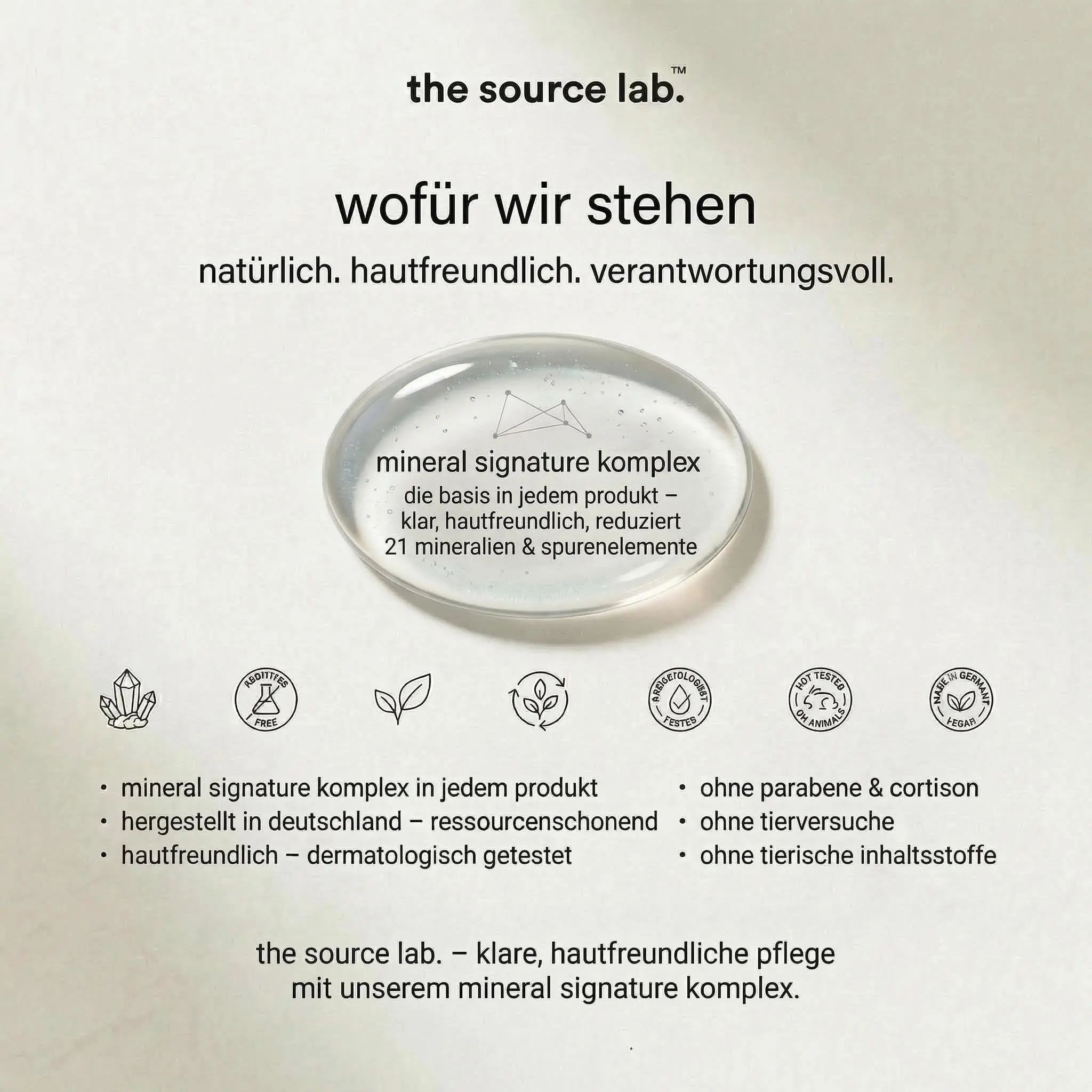 Grafik mit Text. Text: the source lab, natürlich, hautfreundlich, verantwortungsvoll. Mineral signature komplex, 21 Mineralien & Spurenelemente.