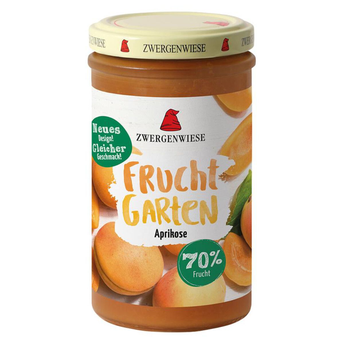 Glas mit Fruchtgarten Aufstrich Aprikose. Deckel mit Zwergenwiese Logo. Etikett mit Schriftzug Fruchtgarten, Aprikose und 70% Frucht.