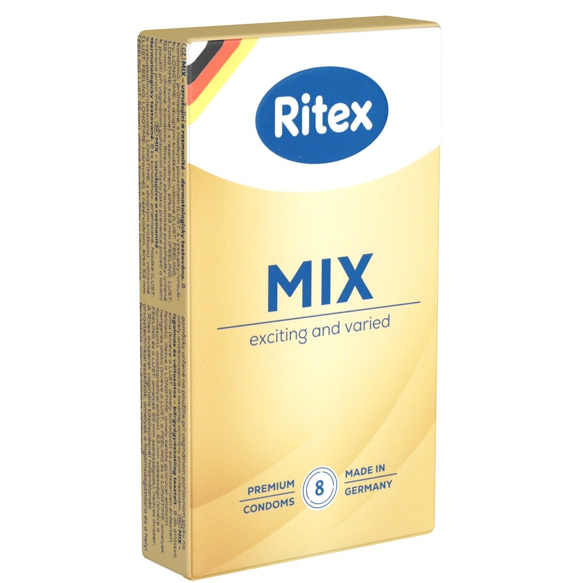 Verpackung von Ritex Mix Kondomen. Goldfarbener Hintergrund mit blauem Schriftzug. Enthält 8 Premium Kondome, hergestellt in Deutschland.