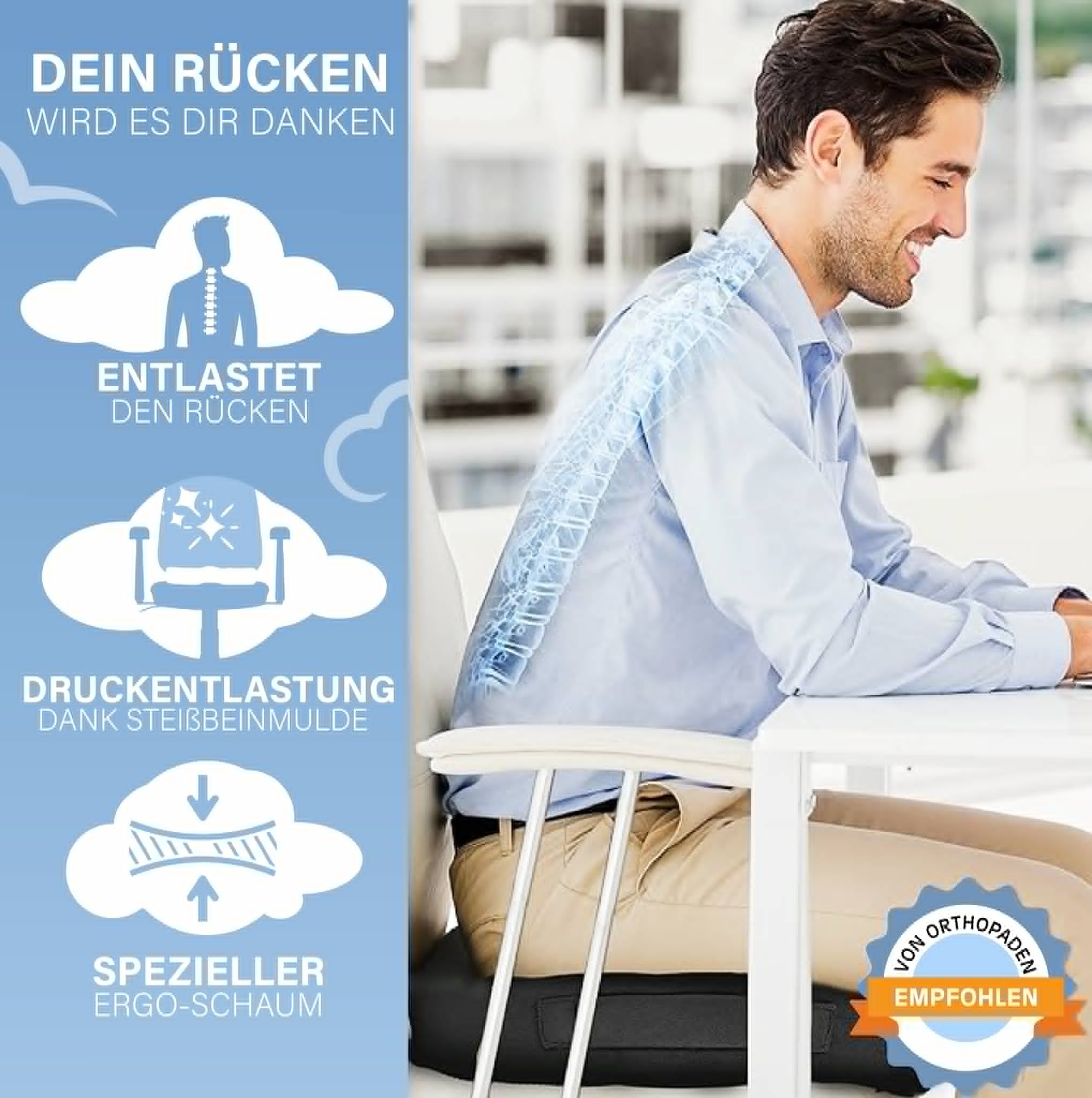 Ergonomisches Sitzkissen mit speziellem Ergo-Schaum zur Entlastung der Wirbelsäule.